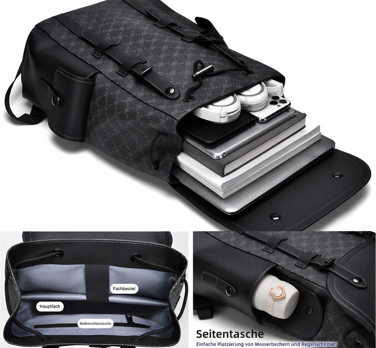 ibettertec Cityrucksack City- & Tagesrucksack für Damen und Herren mit Laptopfach 15,6 Zoll (Freizeitrucksack für Damen und Herren aus PVC-Material mit Klappe, Laptoprucksack mit Fach für 15,6 Zoll Notebook, vielseitiger City- & Arbeitsrucksack Daypack für Uni, Radfahren, Einkauf und Kurzreisen, wasserabweisend, Schwarz)