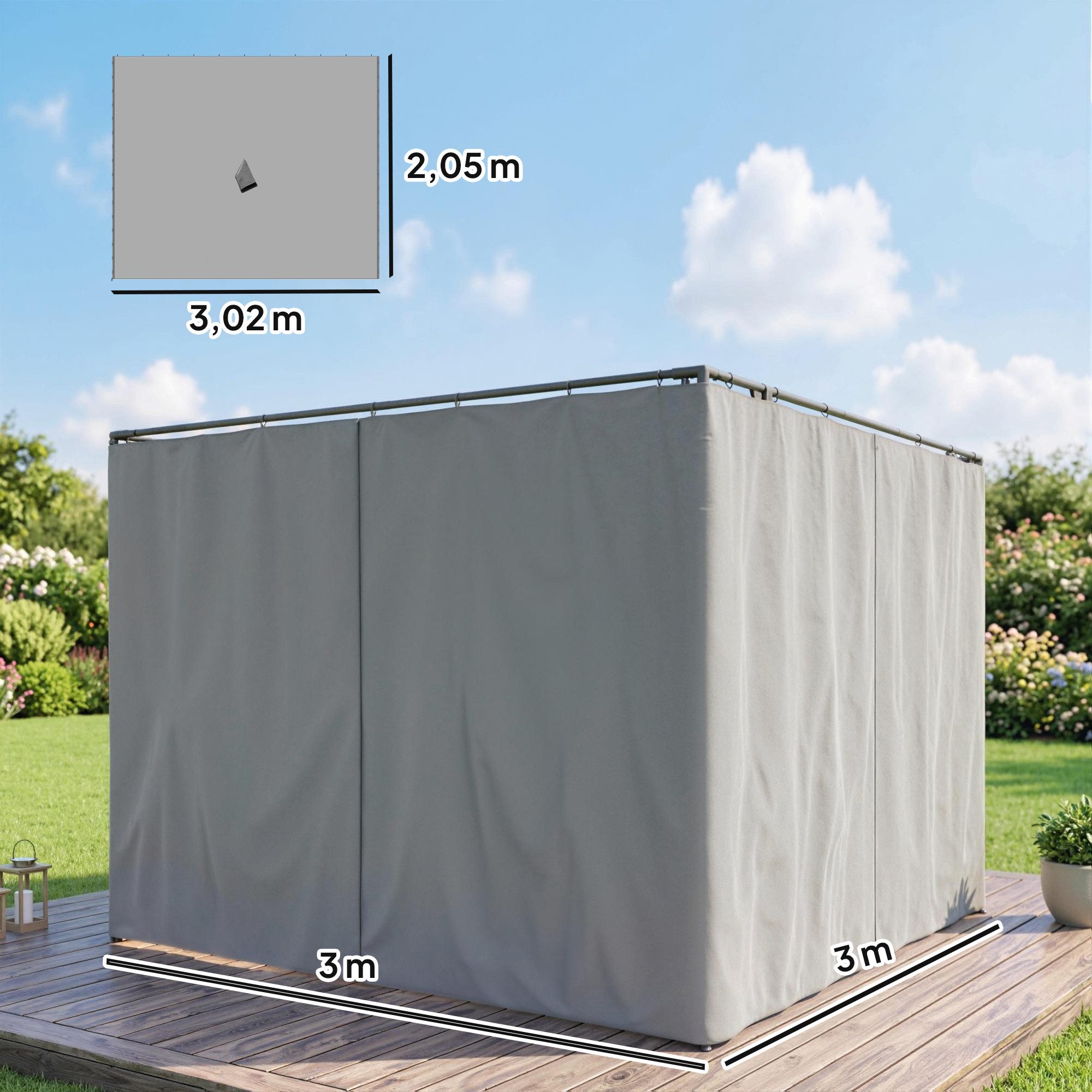 Outsunny Pavillonseitenteil Seitenwand 4er Set mit Haken Wasserdicht stabil winterfest, 302x205 cm, für 3x3m Pavillons) Gartenpavillon, [1-St. Pavillon, für Garten, Hellgrau
