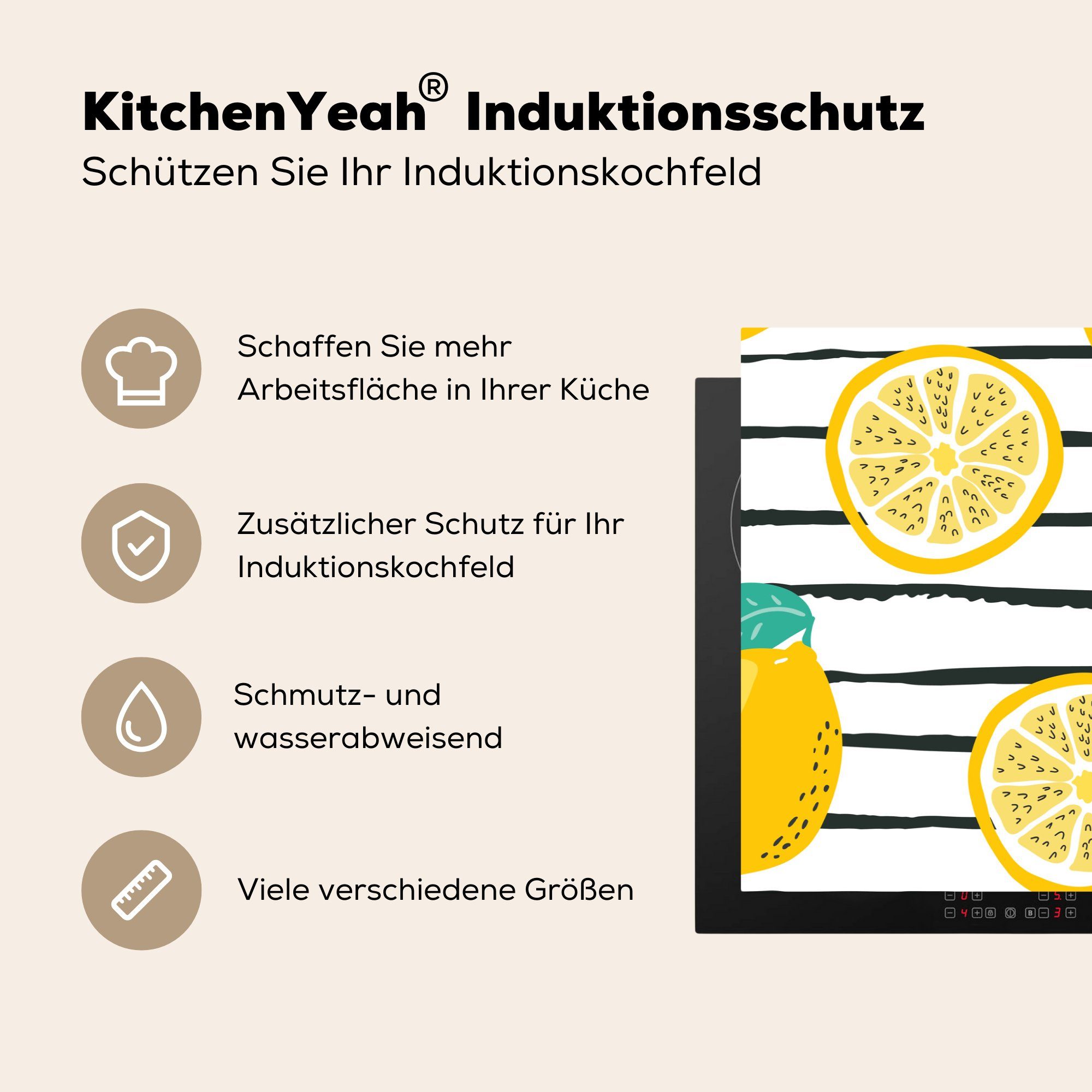 MuchoWow Herdblende-/Abdeckplatte - Schutz 81x52 Induktionskochfeld Muster, (1 Zitronen Vinyl, cm, tlg), Ceranfeldabdeckung Sommer - für die küche