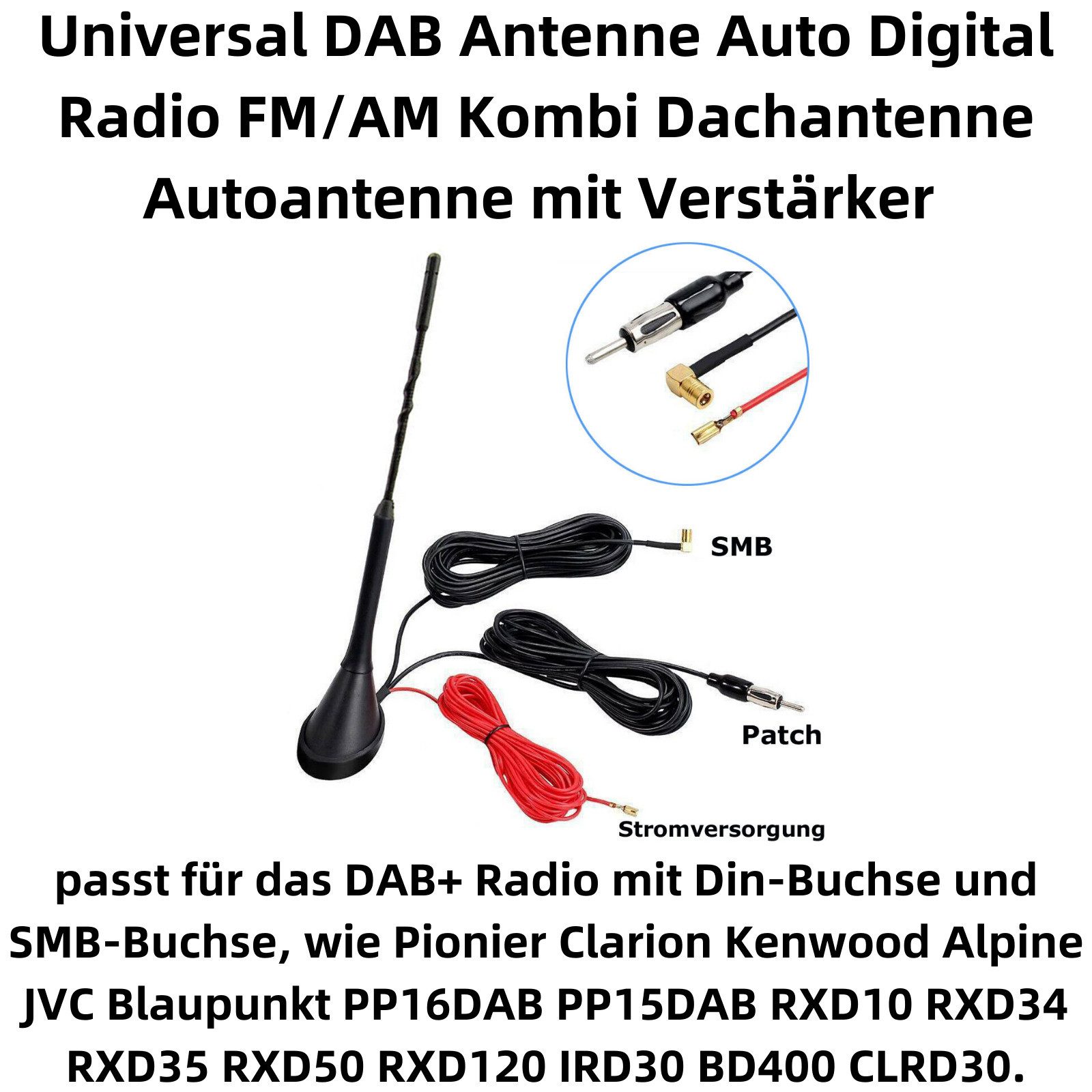 Bolwins A82C DAB Antenne AM FM Dachantenne DAB+ Verstärker SMB Patch Antenne Dachantenne (DAB AM FM, für Innenbereich oder Außenbereich, Verstärkung: 10 dB), DAB AM & FM, Kabellänge von 5m