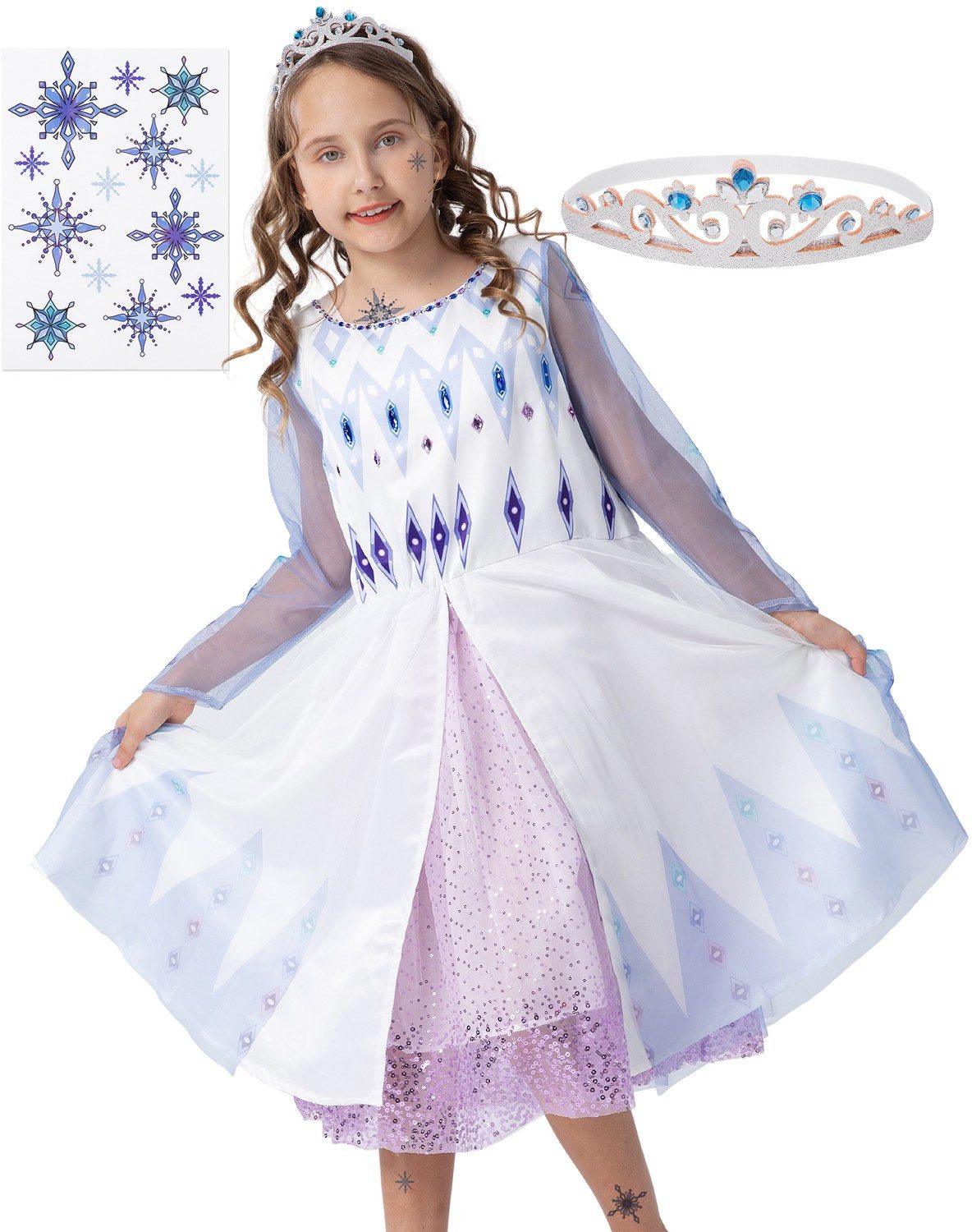 Corimori Prinzessin-Kostüm Eiskönigin Kleid für Elsa Fans, Set für Kinder, Prinzessinenkleid für Fasching, Karneval hellblau-weiß, Größe 134/140