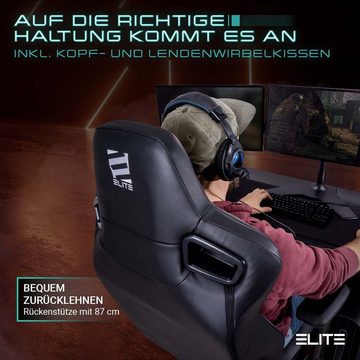 ELITE Gaming Gaming-Stuhl verstellbarer Profi Gamingstuhl ELITE Mercenary inkl. 4D-Armstützen (Drehstuhl inkl. Kopf- und Lendenwirkbelkissen (Alcantara-Optik), bis 150 kg, klappbare Rückenlehne - bis zu 135° neigbar, Home Office geeignet, Sicherheits-Doppelrollen, 360 Grad horizontal drehbar, Sicherheitsgasdruckfeder, Hohe Belastbarkeit, Chefsessel, Computer Stuhl, Drehsessel, Racing Chair, Gaming Chair, Computerstuhl, Pflegeleicht, hochwertige Verarbeitung, ergonomischer Gaming Stuhl mit Racing-Design, 1 St), Ergonomischer Bürostuhl - Racingstuhl - Chair - High-End Zockerstuhl