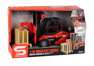 LEAN Toys Spielzeug-Auto Gabelstapler Lichter Sound Maschine Kinderwagen Set Palette Fass Kiste