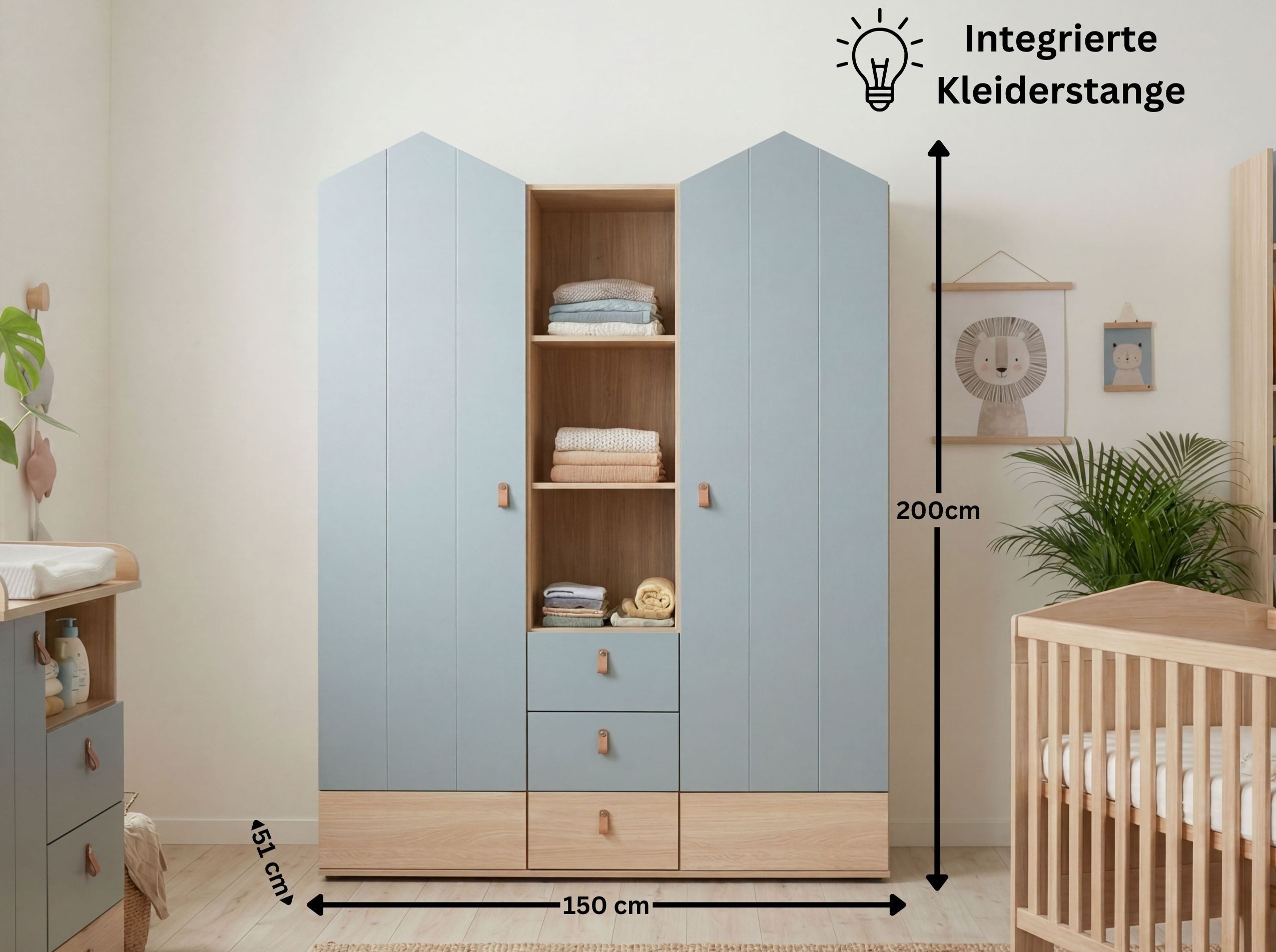 arthur berndt Babyzimmer-Komplettset Roofy, (Spar-Set, 3-tlg., Kleiderschrank, Wickelkommode, Babybett), Soft-Close, Türdämpfung, Ledergriffe, MDF-Fronten