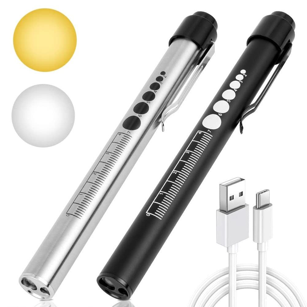 TUWENA Erste-Hilfe-Set 2 Stück Pupillenleuchte Medizin, Aufladbar Stiftlampe mit Messgerät, (2 St), Diagnostikleuchte mit Taschenclip für Krankenschwester Studentische