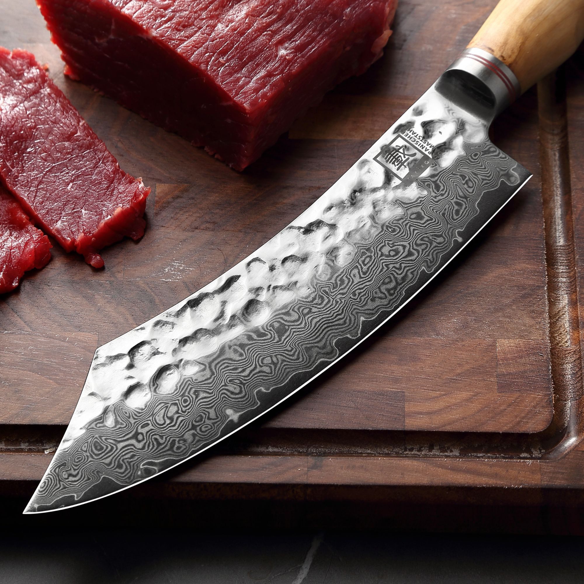 ZAYIKO Fleischmesser Minami Damast Blockmesser Küchenmesser 20 cm Klinge Olivenholzgriff, Damaststahl, VG10-Kern, Hammerschlag