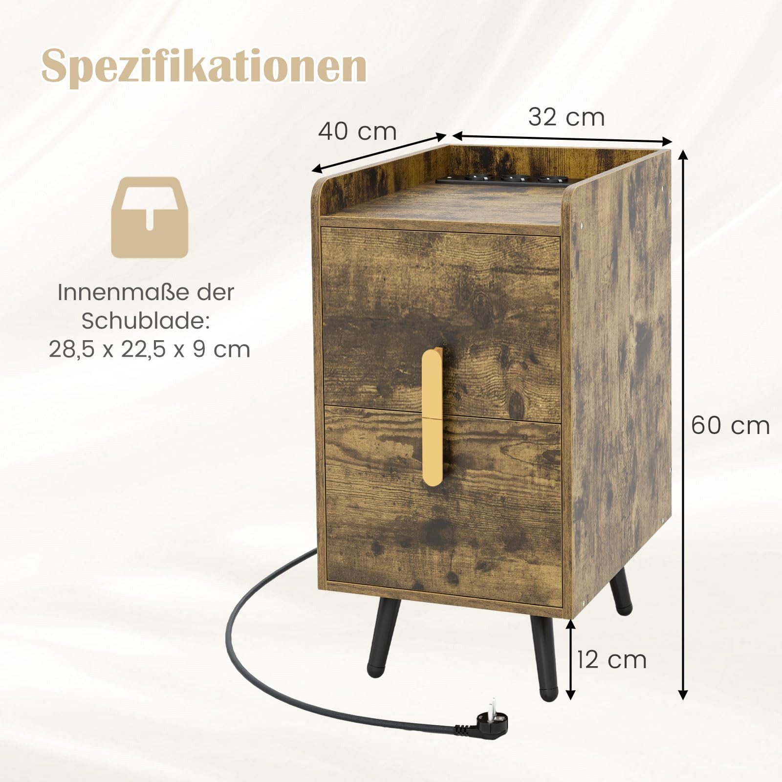 COSTWAY Nachttisch (2-St), mit Ladestation & USB-Anschlüssen & Schubladen