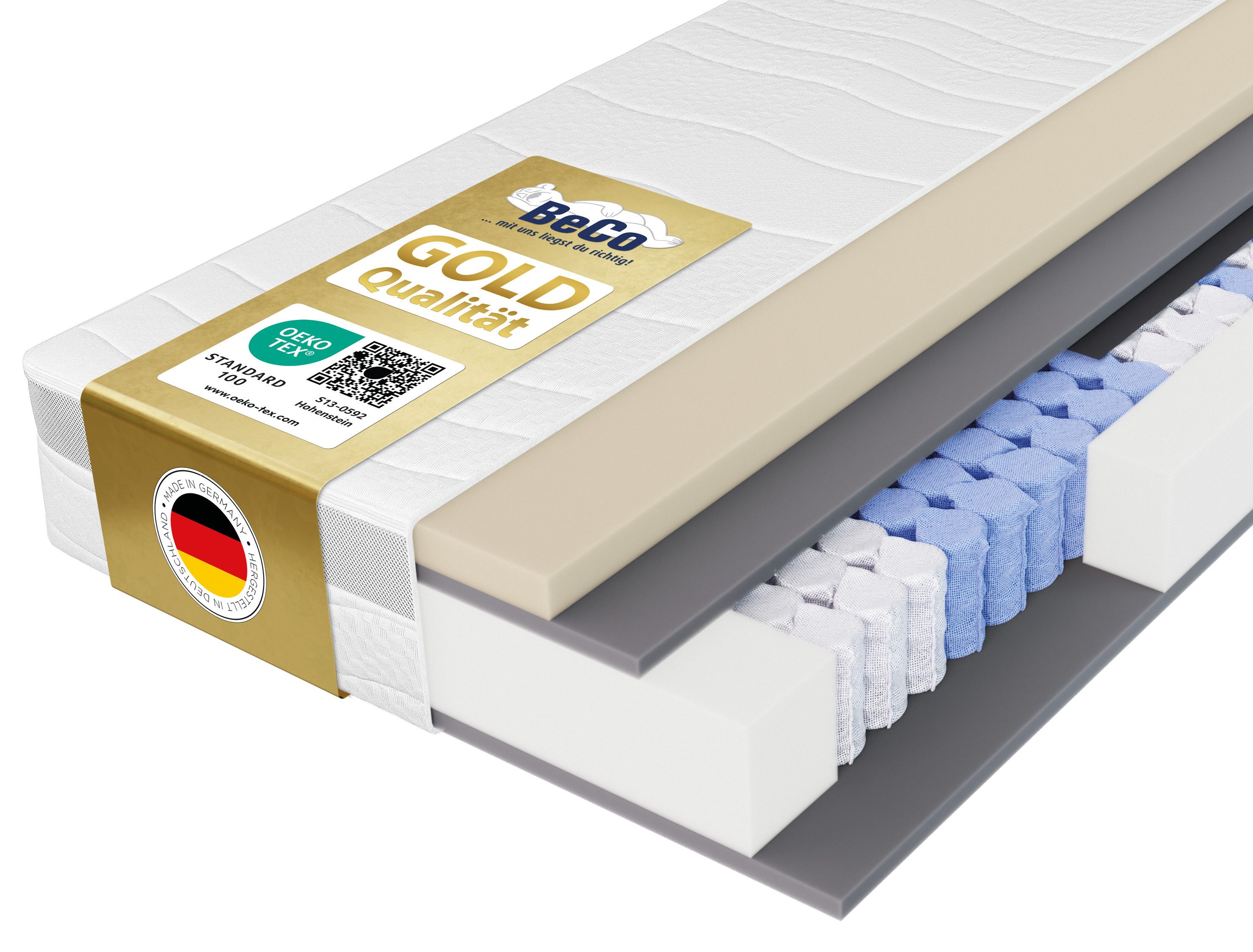 Taschenfederkernmatratze Feel Like Latex ONE TFK - GOLD, Matratze 90x200 cm, 140x200 cm & mehr, Beco, 21 cm hoch, Punktelastische Matratze mit stabilem Federkern, atmungsaktiv