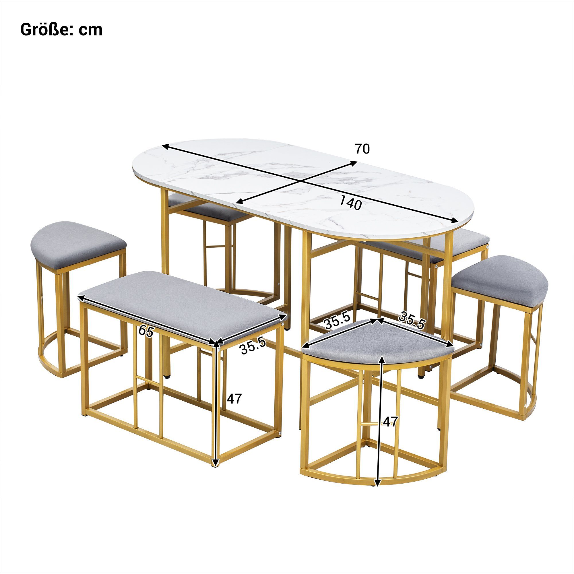 Essgruppe, (Küchentisch Set, 7-tlg., Esstisch mit 6 Hockers), Tisch in Marmoroptik, Samt Hocker, Stahlrahmen