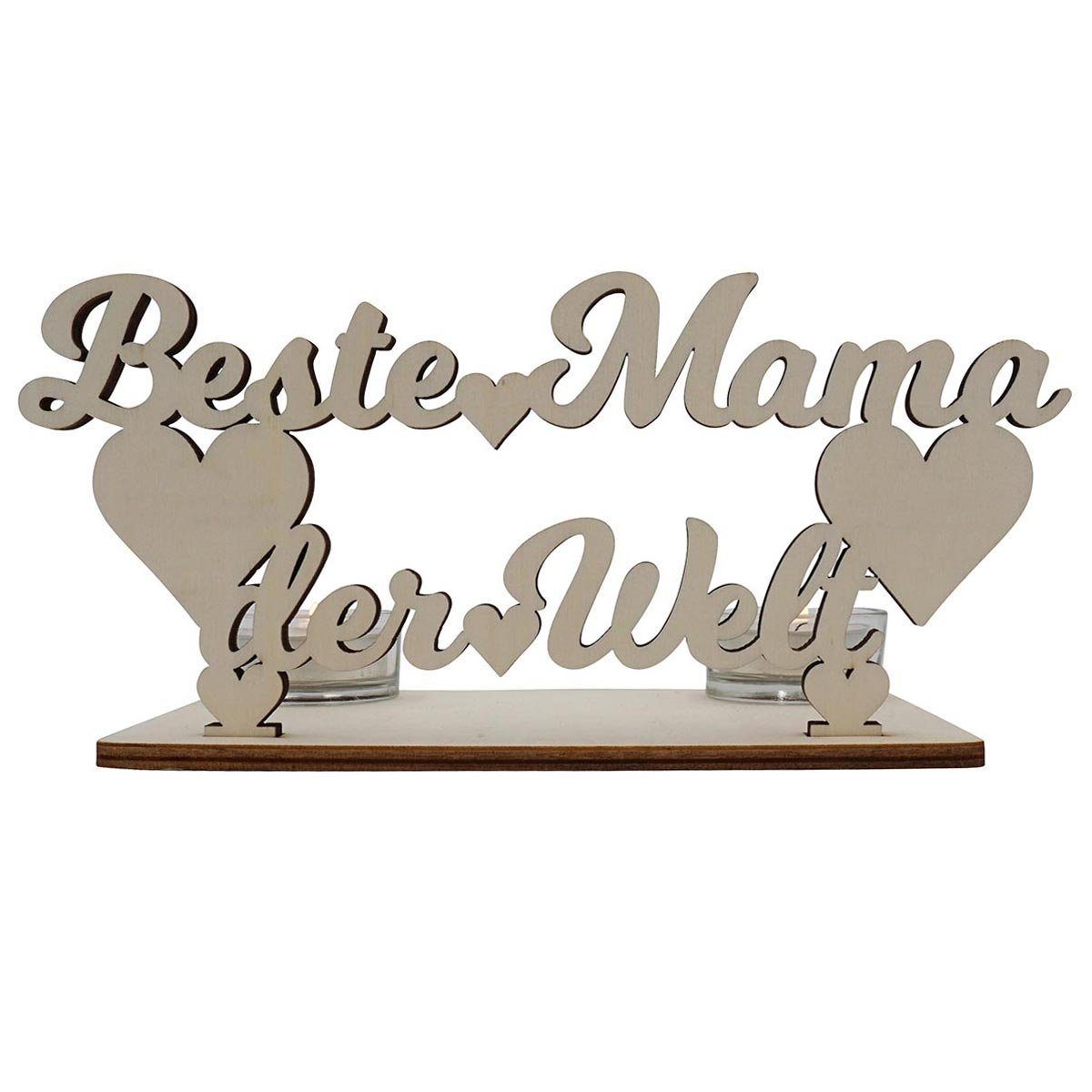 Namofactur Teelichthalter Beste Mama der Welt - Schriftzug aus Holz mit Herzen (2-teilig), Deko Kerzenständer aus Holz für 2 Teelichter - Muttertagsgeschenk