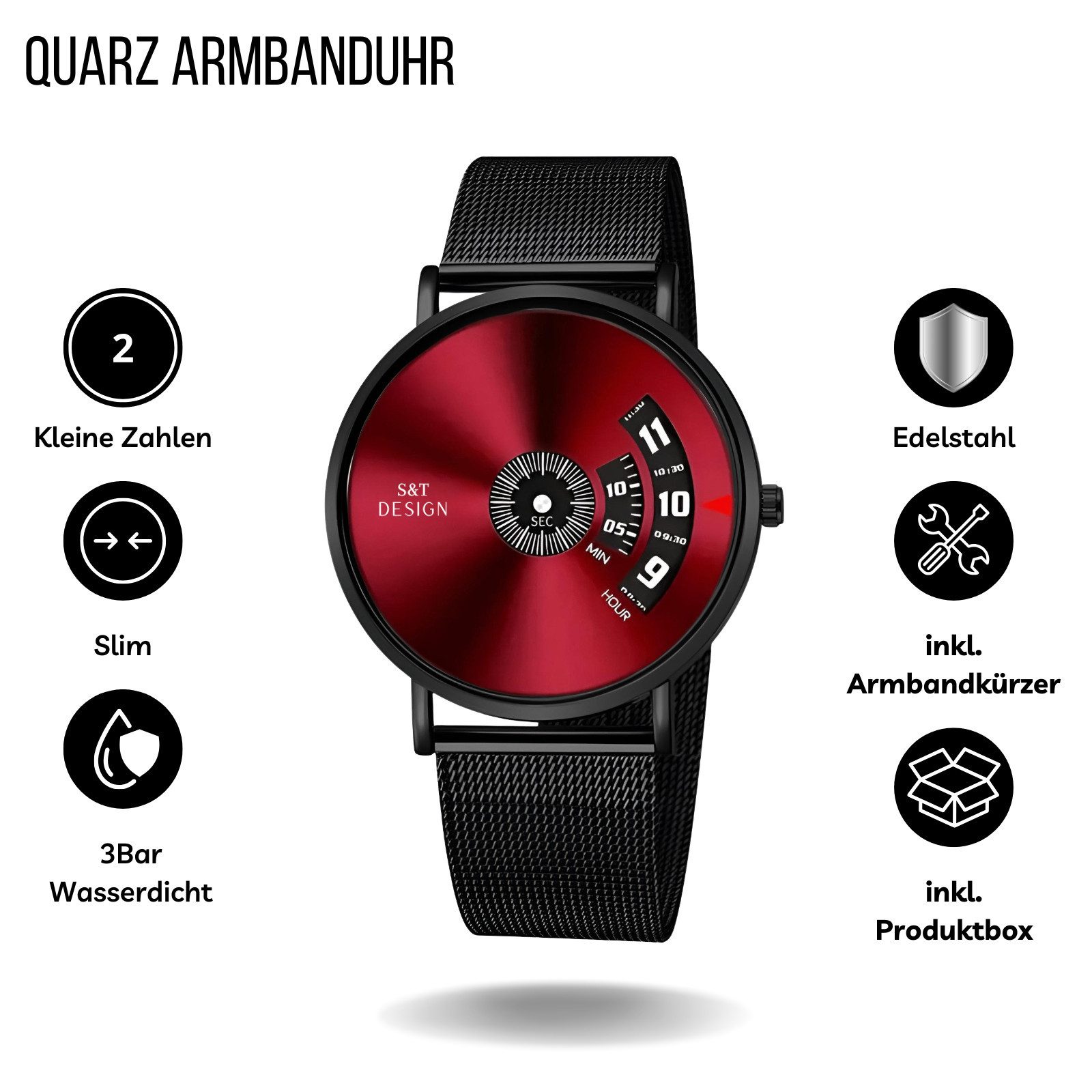 S&T Design Quarzuhr Herren Armbanduhr Mesh Armband Herrenuhr Analoge Männer Uhr, (Uhrenbox, inkl. Werkzeug), Wasserdicht Ultra Dünne Edelstahl Mesh Armband Minimalistisch Anzug