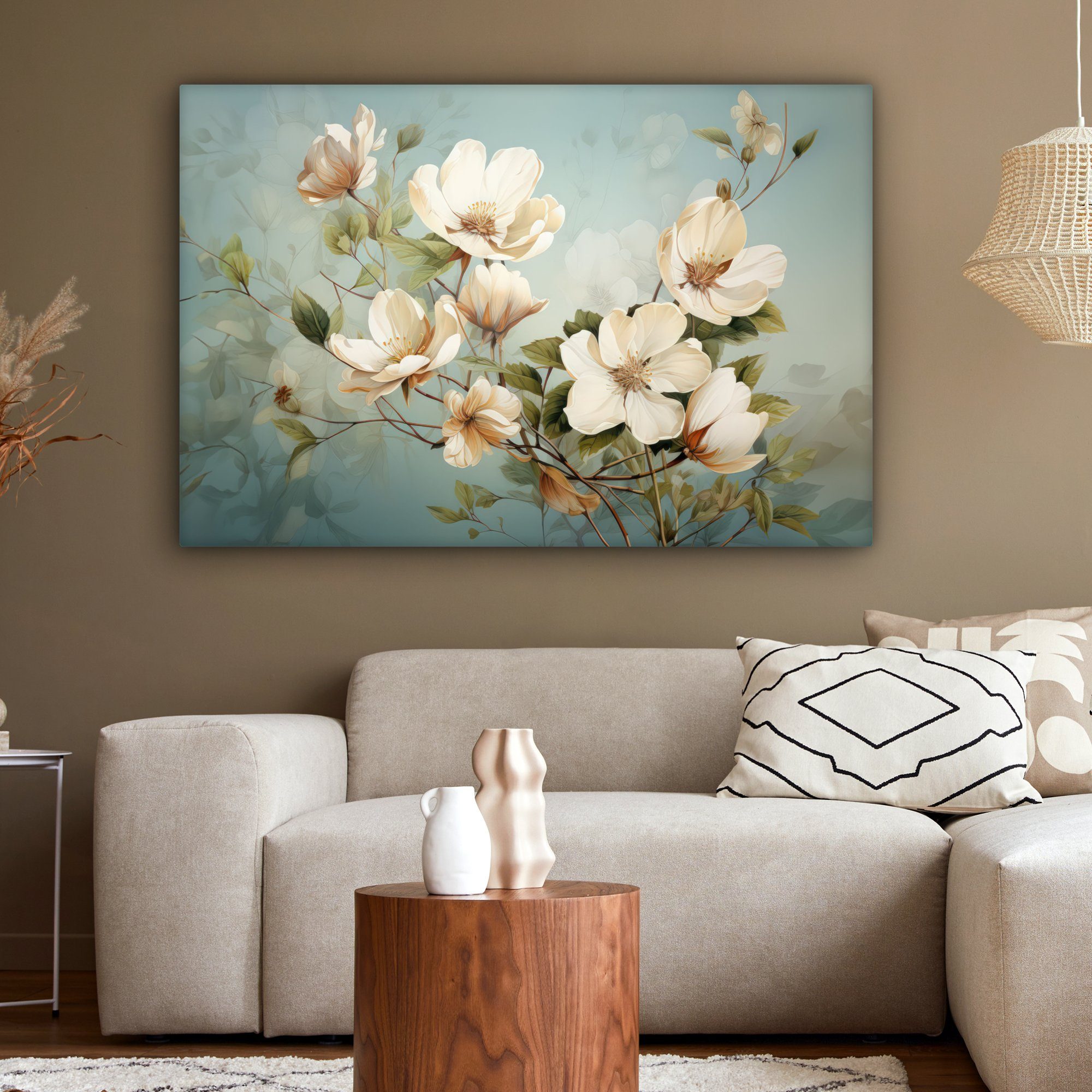 Weiß 120x80 alle großes, Wohnbereiche, cm für XXL, - Natur Gemälde, (1 St), OneMillionCanvasses® - Blumen Leinwandbild - Vintage, Wandbild