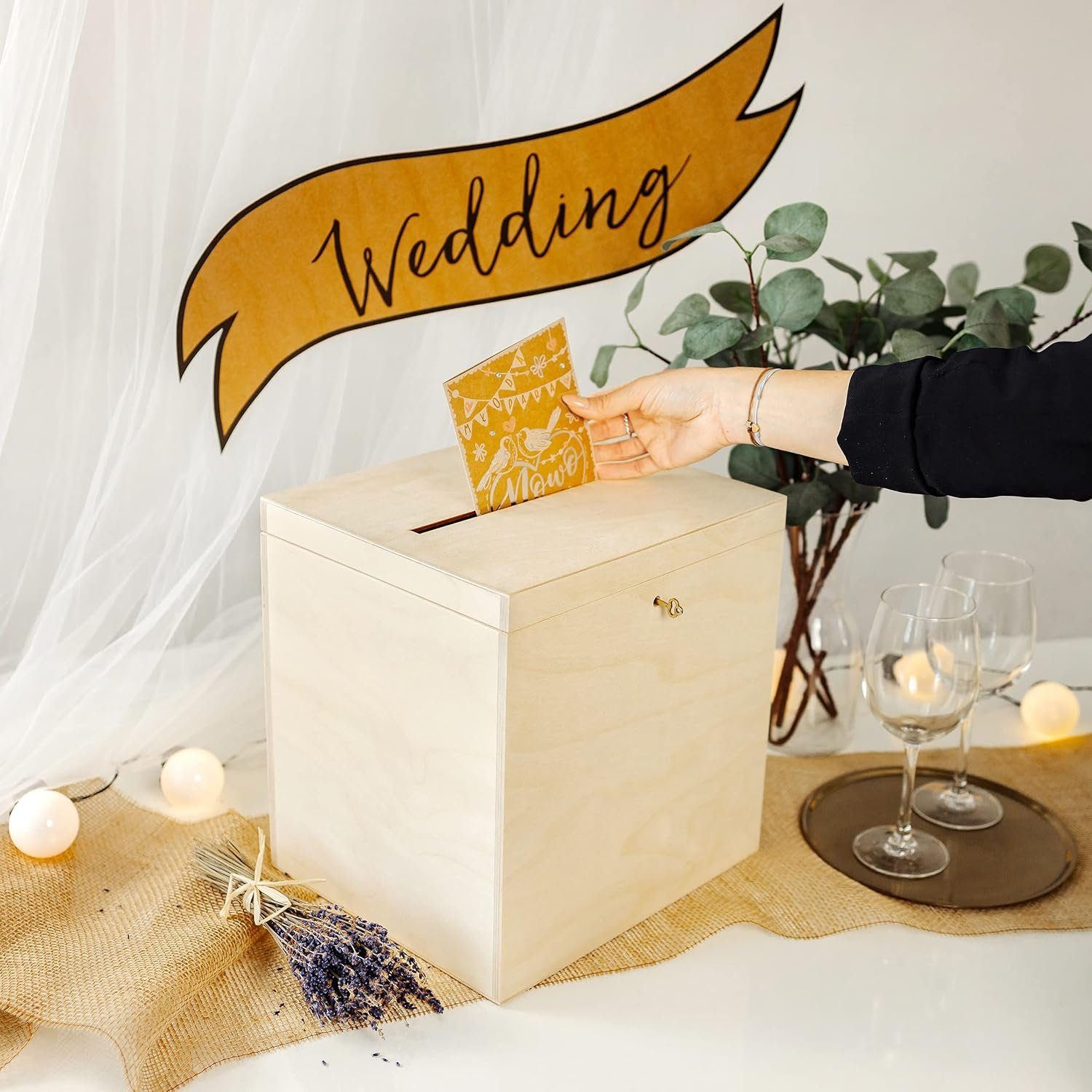 Creative Deco Dekokiste Kartenbox Hochzeit 29x25x30 cm Geschenkkarten Box Geldbox Briefbox, mit Deckel, Schloss und Schlüssel