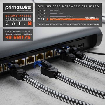 Primewire LAN-Kabel, CAT.8, RJ-45 (Ethernet) (25 cm), Patchkabel CAT 8, Baumwollummantelung, Netzwerkkabel 40 Gbit/s - 0,25m