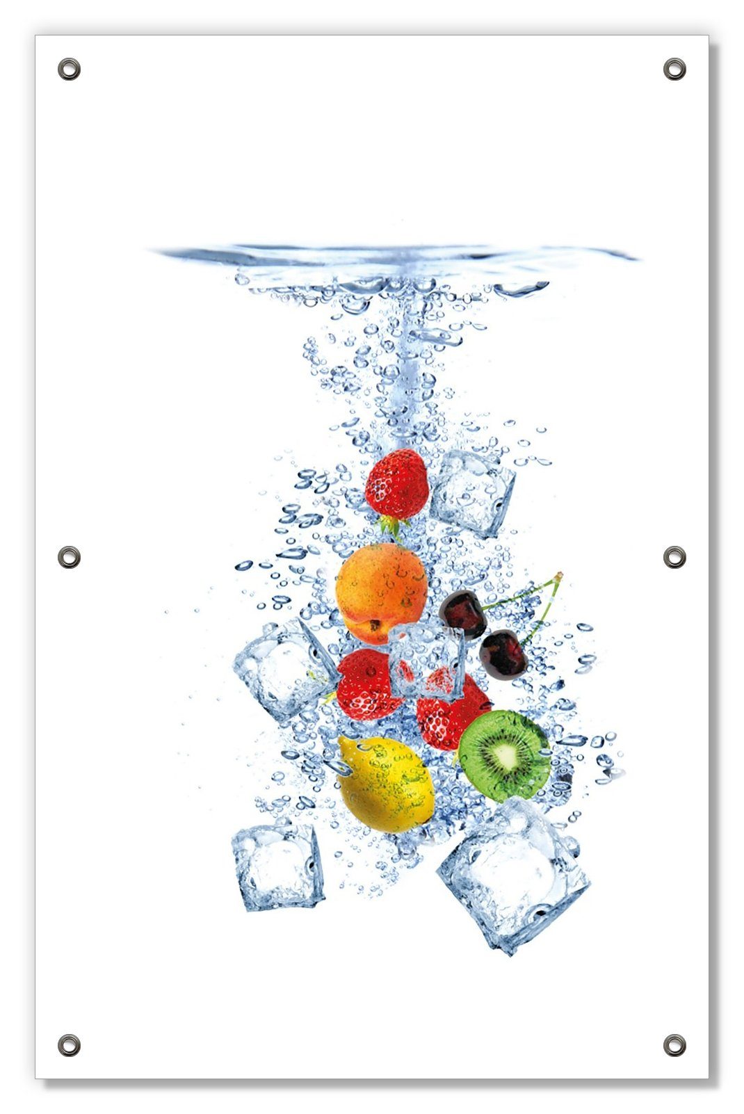 Sonnenschutz Obst-Eiswürfel-Mix im Wasser mit weißem Hintergrund, Wallario, blickdicht, mit Saugnäpfen, wiederablösbar und wiederverwendbar
