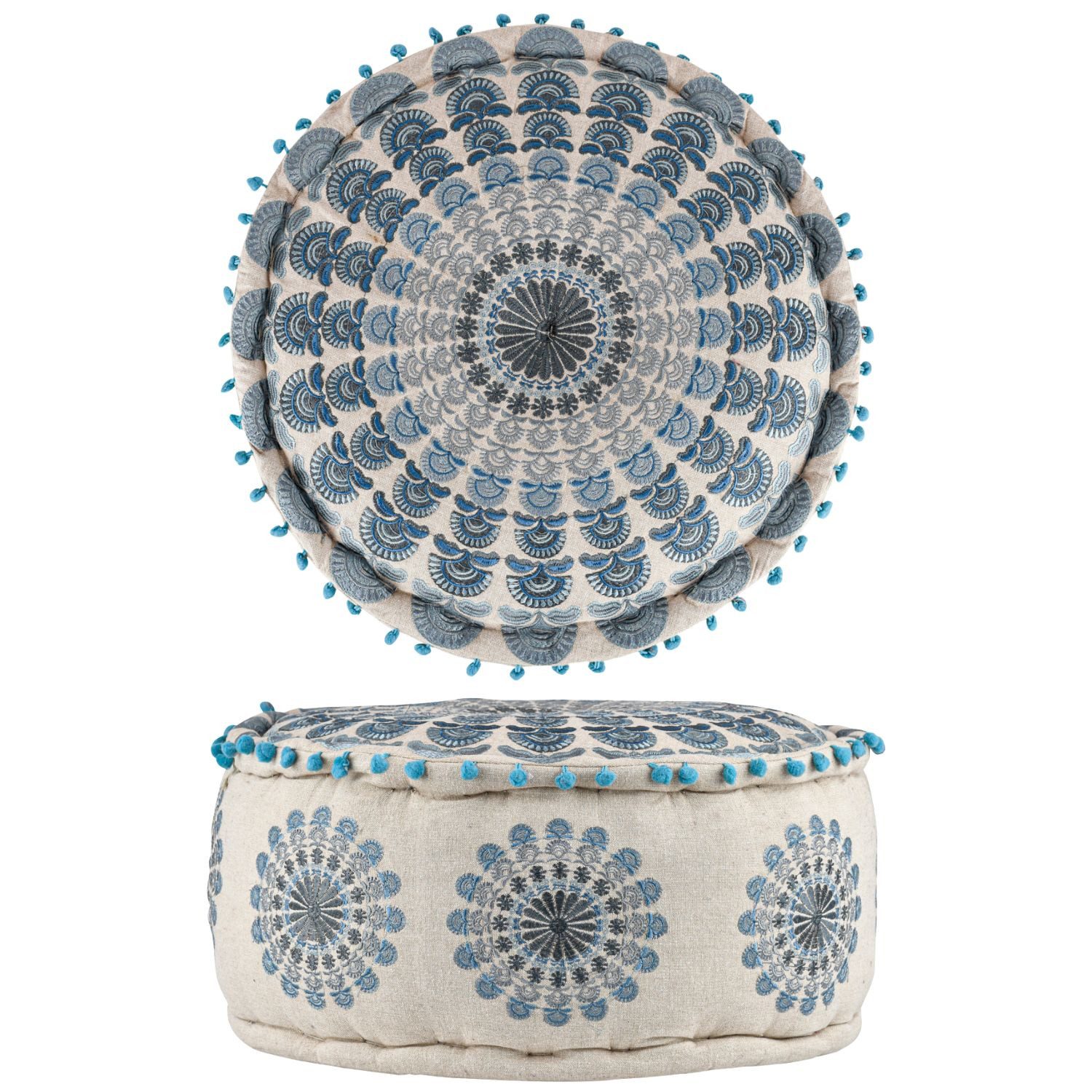 Marrakesch Orient & Mediterran Interior Pouf Pouf Garet Blau, runder Baumwoll-Sitzpouf bestickt 50x25 cm (1-St), Handarbeit