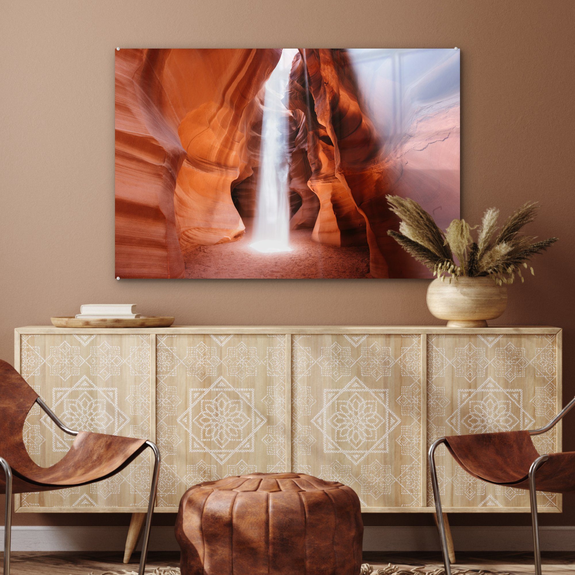 Acrylglasbild dem Sonnenstrahl & Acrylglasbilder des MuchoWow Antelope Sand (1 St), Schlafzimmer Wohnzimmer Canyon, auf