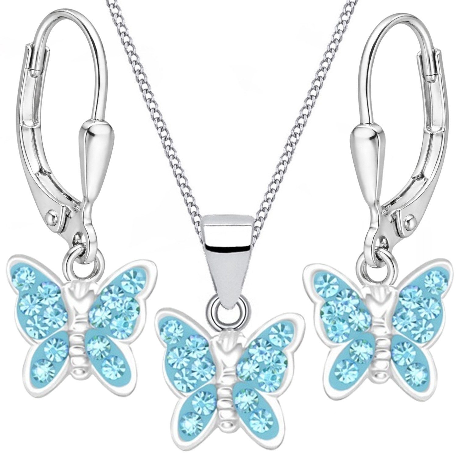 Goldene Hufeisen Schmuckset Kristall Schmetterling Ohrringe Anhänger Kette 925 Silber Set (4-tlg, inkl. Geschenk-Etui), Geschenkset
