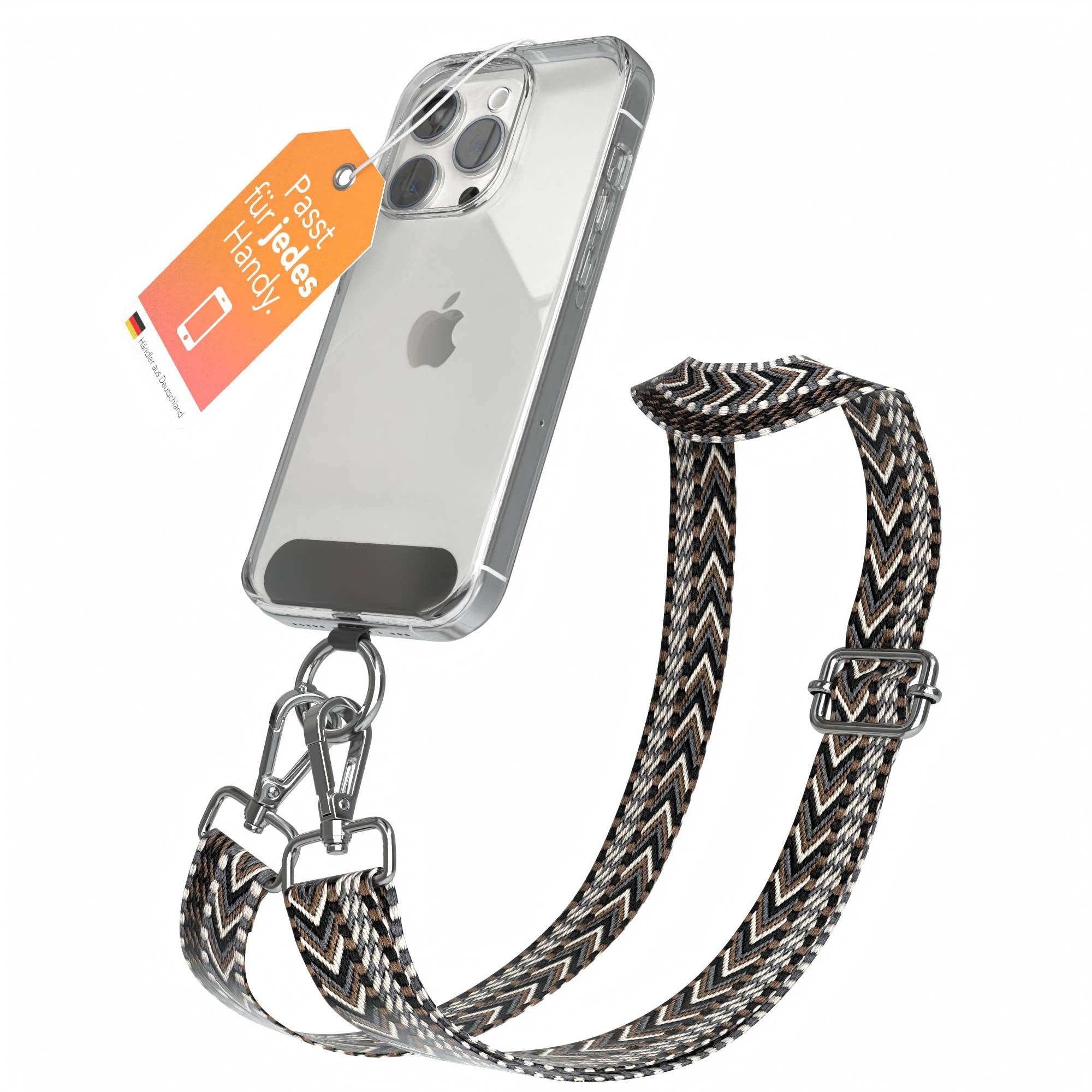 EAZY CASE Handykette Universal für alle Smartphones Boho/Wave/Leo Style, Universales Handyband mit Carabiner wechselbare Kordel Schwarz Silber