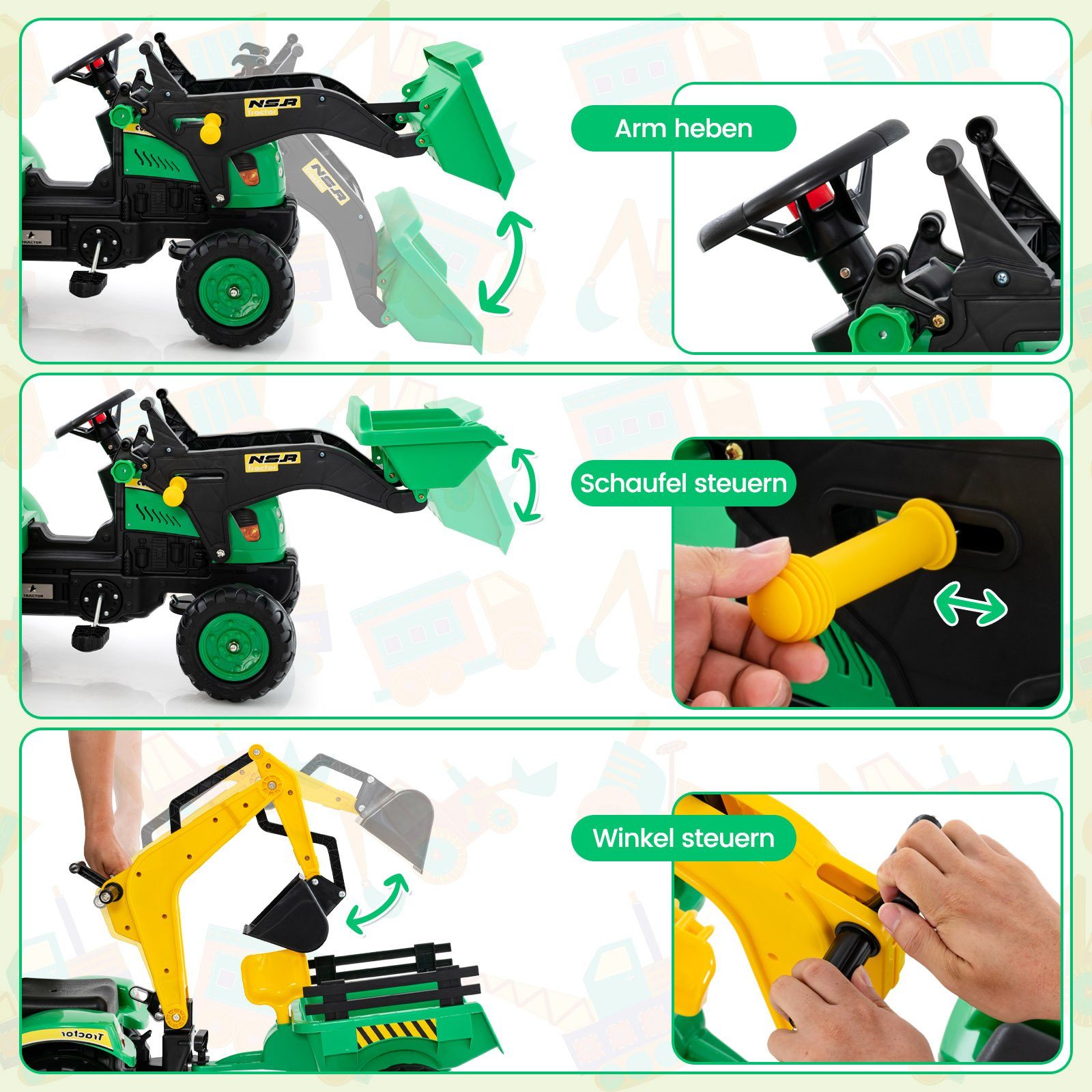 COSTWAY Trettraktor Bagger, mit Abnehmbarer Anhänger & Grabschaufel
