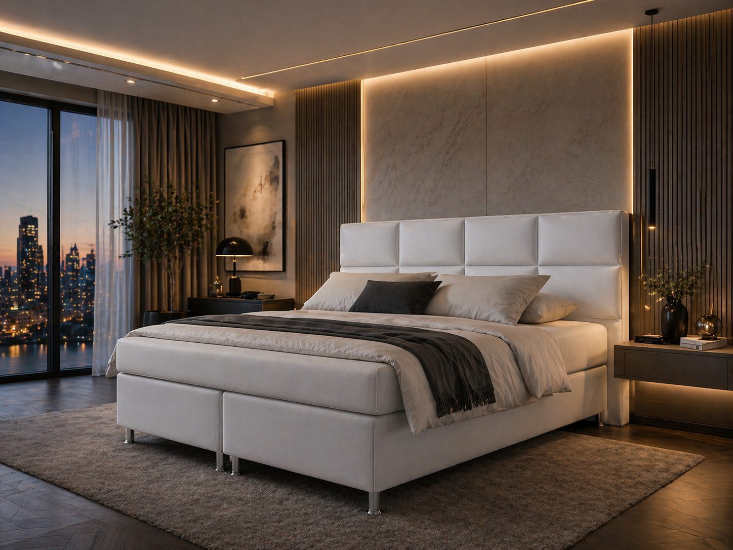 inter Boxspringbett Miami 180x200 cm Kunstleder mit 7-Zonen TFK und Topper (180x200 cm, Weiß mit 7 Zonen Taschenfederkernmatratzen und Topper), Boxspringbett, Hotelkomfort, Mit Topper, Tonnentaschenfederkern