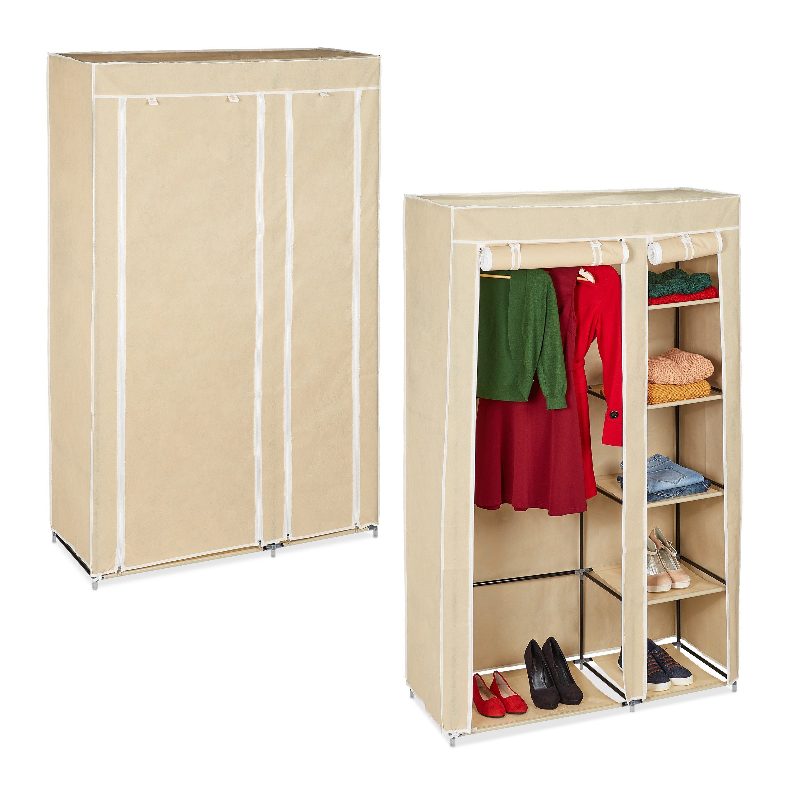 relaxdays Kleiderschrank 2 x Stoffschrank Kleiderstange beige