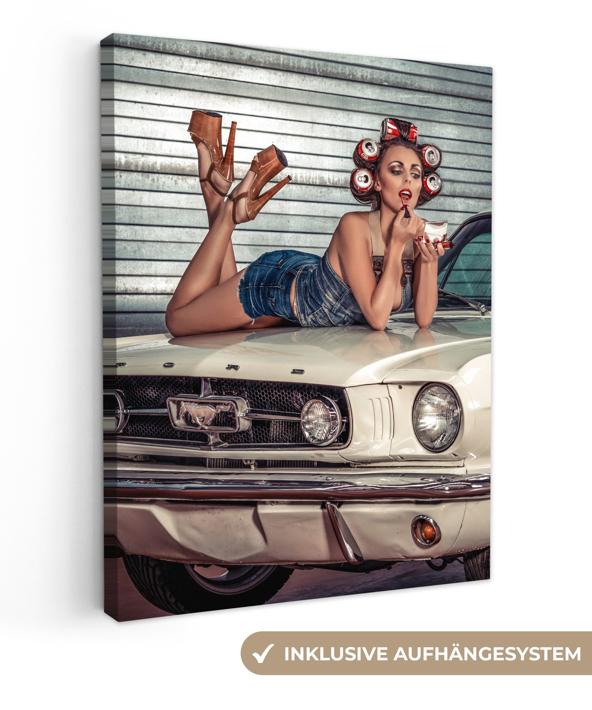 OneMillionCanvasses® Leinwandbild Auto - Oldtimer - Frau, Fotodruck (1 St), Leinwand Bilder für Wohnzimmer Schlafzimmer 30x40 cm