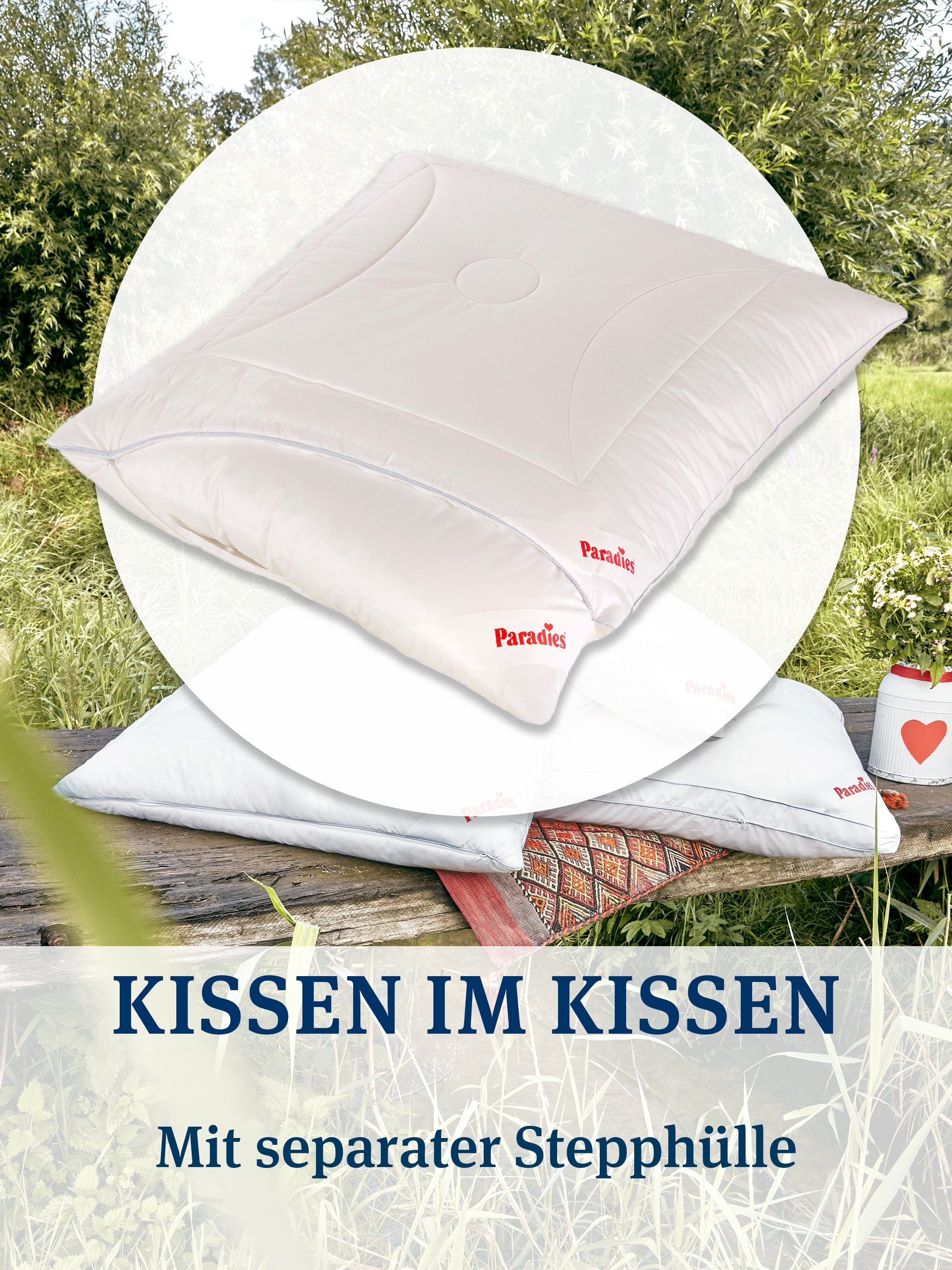 Paradies Kopfkissen Softy Top Duett Plus, Kissen mit zusätzlicher Außenhülle, Füllung: 100% Polyester, Bezug: 100% Baumwolle, Seitenschläfer, Rückenschläfer, Kopfkissen 80 x 80, Kissen mit separat waschbarer Außenhülle