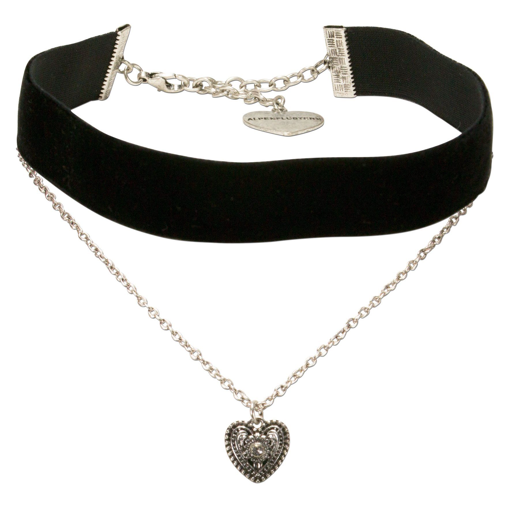 Alpenflüstern Choker Trachten-Samt-Kropfband Trachtenherz-Kette (schwarz), - nostalgische Trachtenkette enganliegend, Kropfkette elastisch, Damen