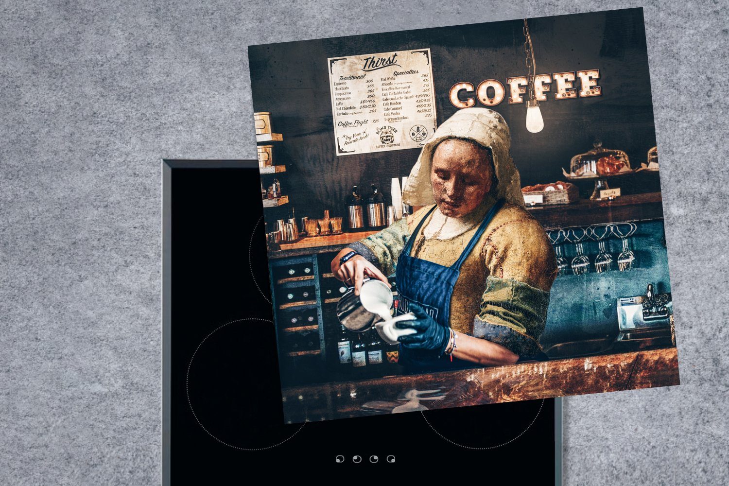 Milchmädchen - Vermeer küche Ceranfeldabdeckung, MuchoWow 78x78 Vinyl, Barista für _, cm, Kaffee tlg), - Kunst Arbeitsplatte - - - (1 Cappuccino Herdblende-/Abdeckplatte