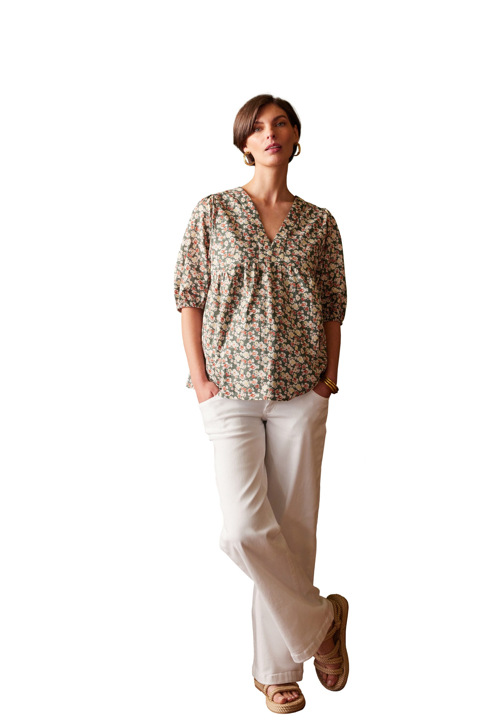 Envie de Fraise Umstandsbluse Umstandsbluse aus Voile V-Ausschnitt, Blumenmuster, Ballonärmel