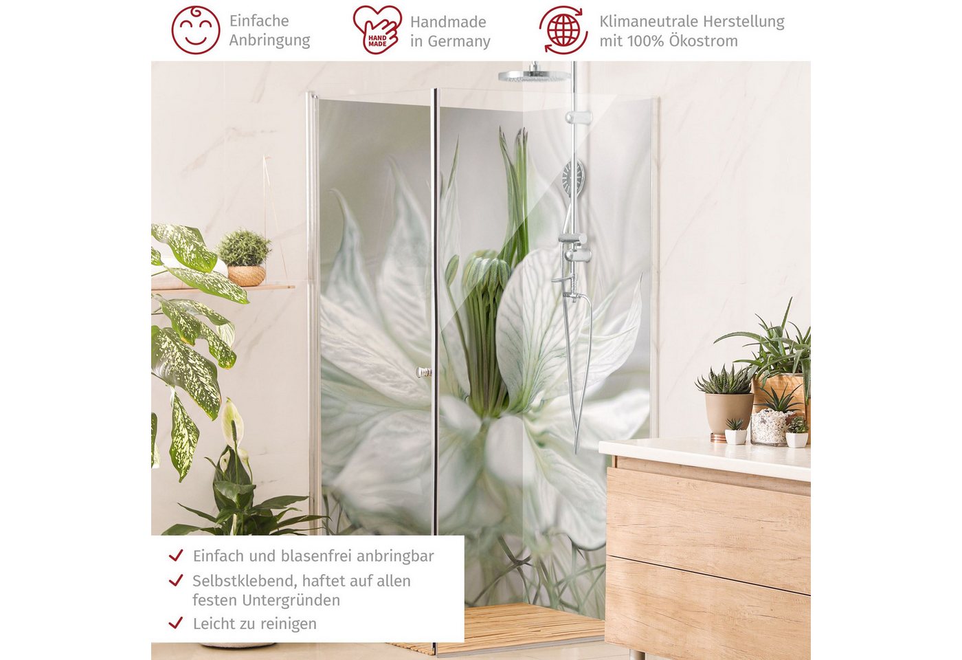 Thumbnail - Bilderdepot24 Badrückwand Blumen weiß Duschrückwand ohne Bohren Dusche Fliesenersatz, (2-tlg., Hart-Folie Premium matt 0...