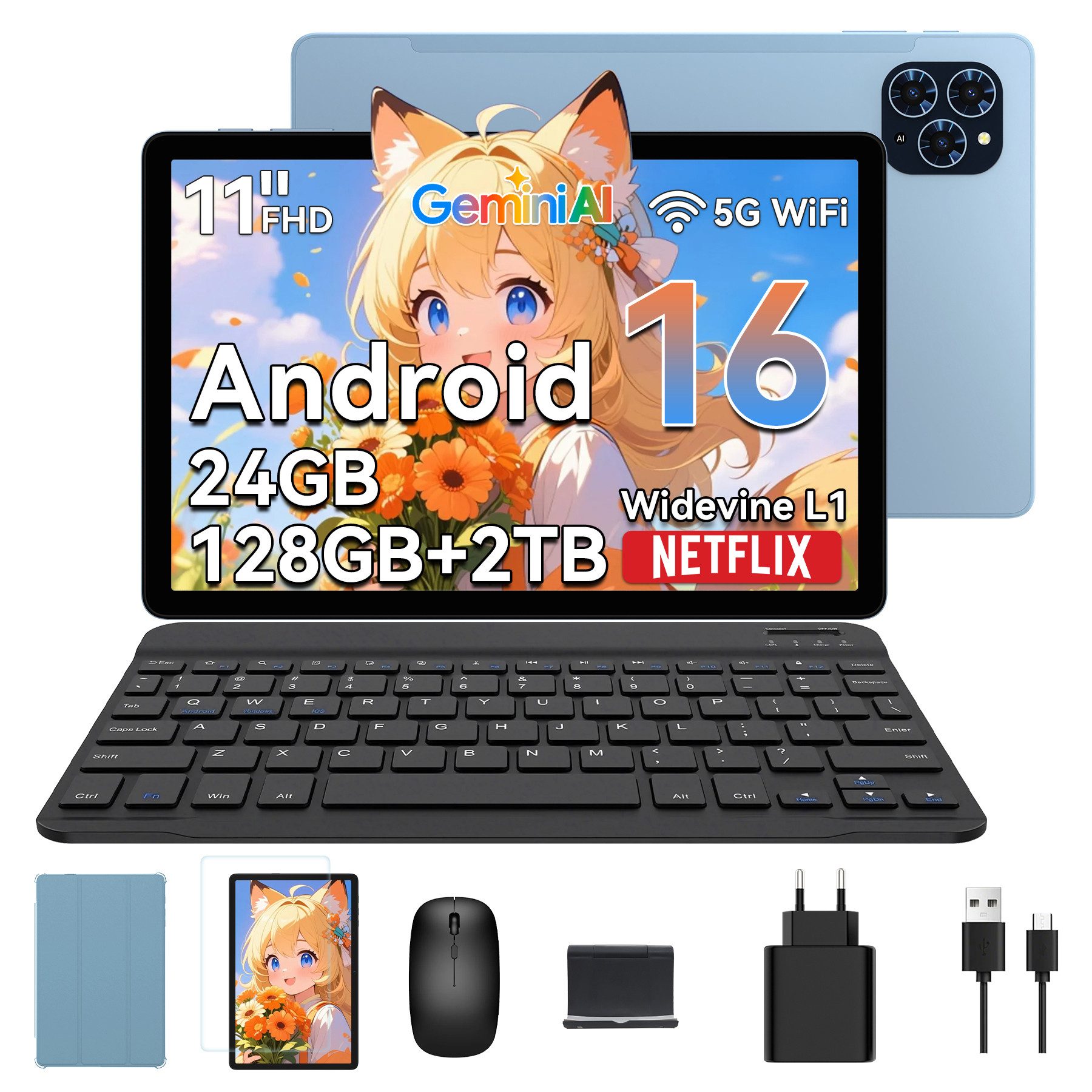 TABWEE T9 11" FHD Android 16 WiFi tablet mit Tastatur/Maus/Hülle Tablet (11", 128 GB, Android16, Android 16, FHD Display, KI-Unterstützung, mit Zubehör)