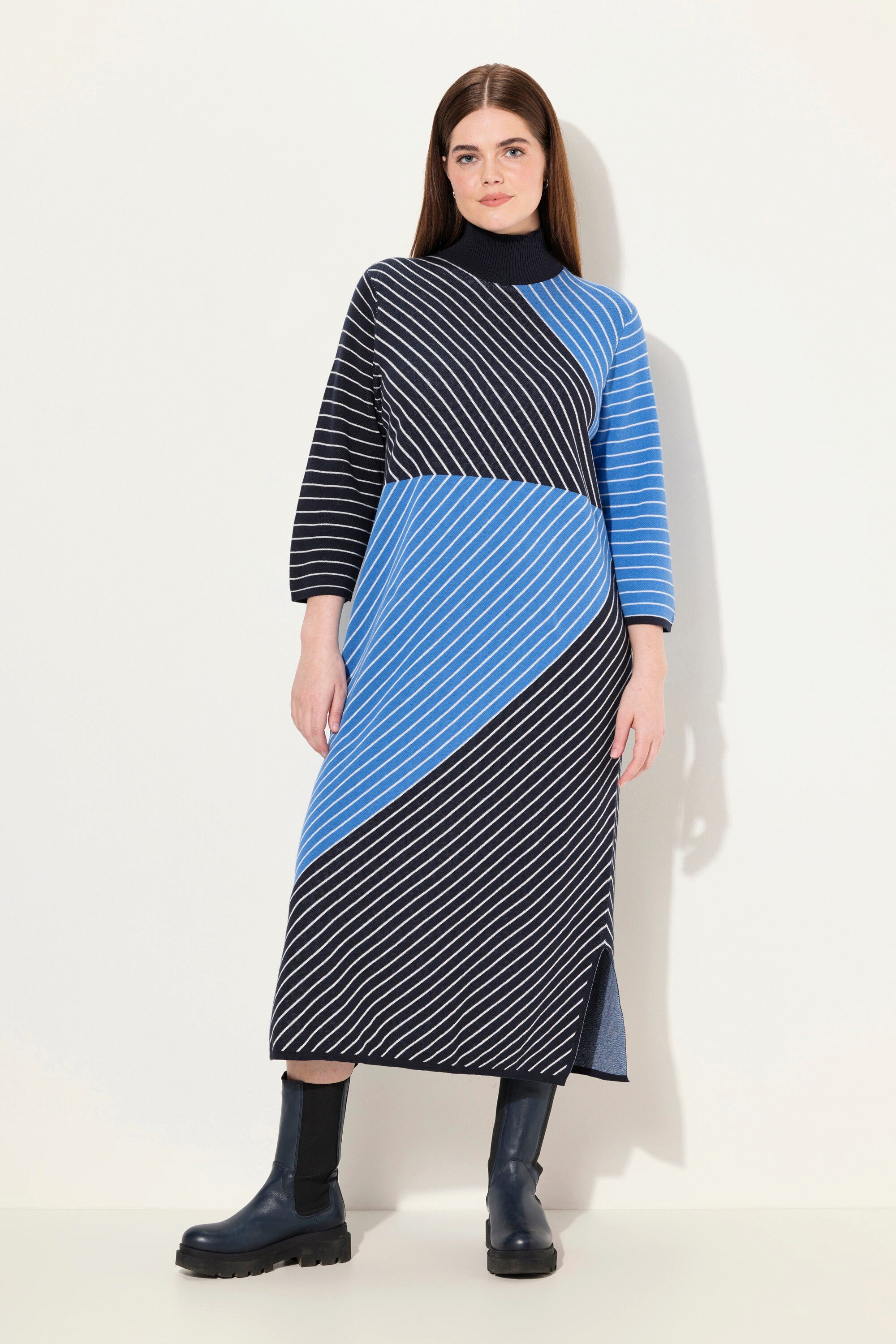 Ulla Popken Midikleid Strick-Midikleid Stehkragen 3/4-Arm Biobaumwolle