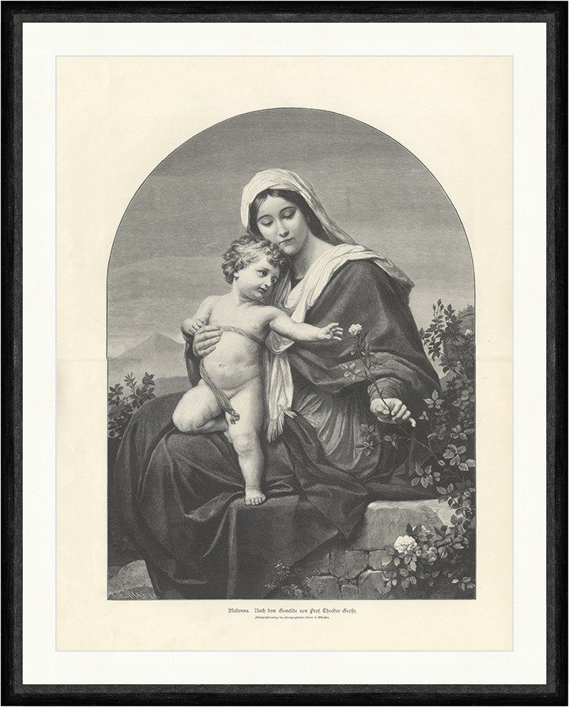 BillerAntik Kunstdruck Madonna von Prof. Theodor Grosse Mutter Gottes Rosen Heilige Faksimile, (1 St)