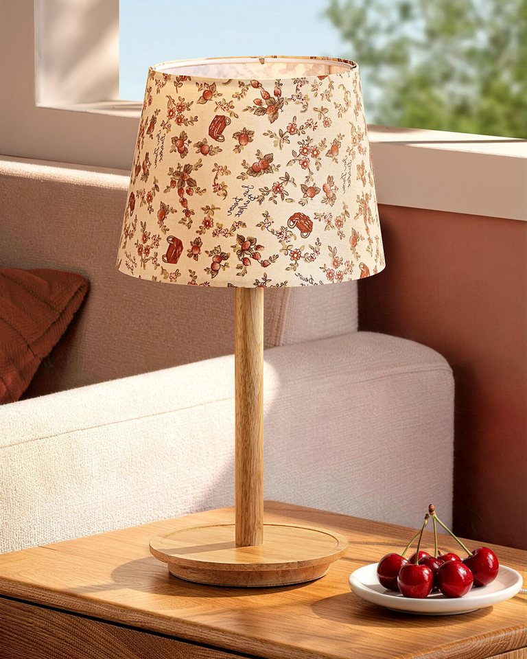 EDISHINE Nachttischlampe Landhaus Stoffschirm mit Vintage-Blumenmuster, LED wechselbar, 2700K Warmweiß, Tischlampe mit Massivholzsockel, 2700K Warmweiß, inkl. 4W LED