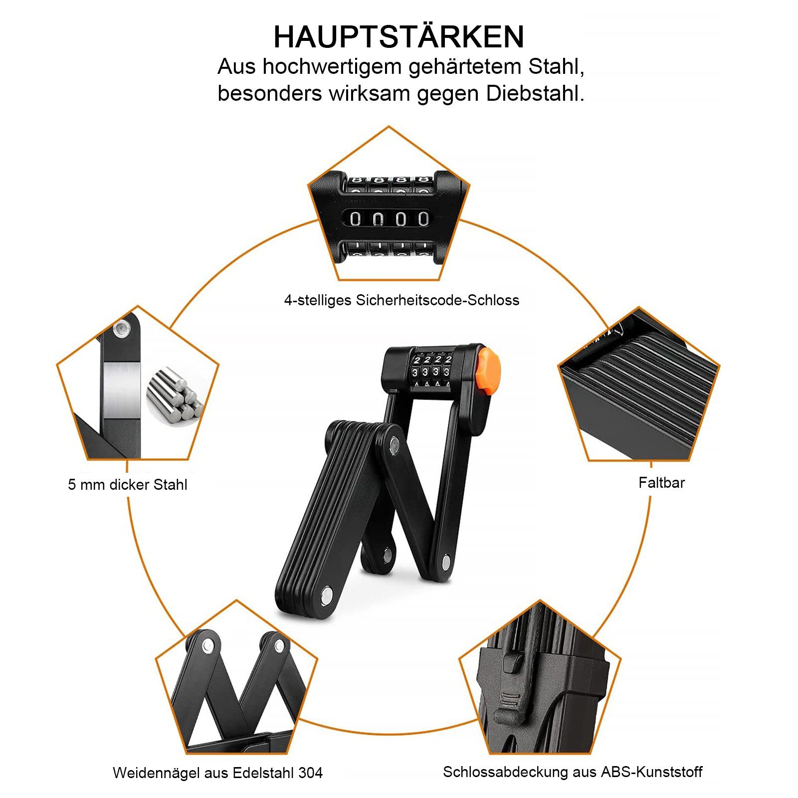 AIMAX Faltschloss Fahrrad Faltschloss mit Halterung (Packung, mit Halterung, Befestigungsmaterial und 4-stelligem Zahlenschloss), aus gehärtetem Stahl, 8 Gelenke für flexible Anwendung