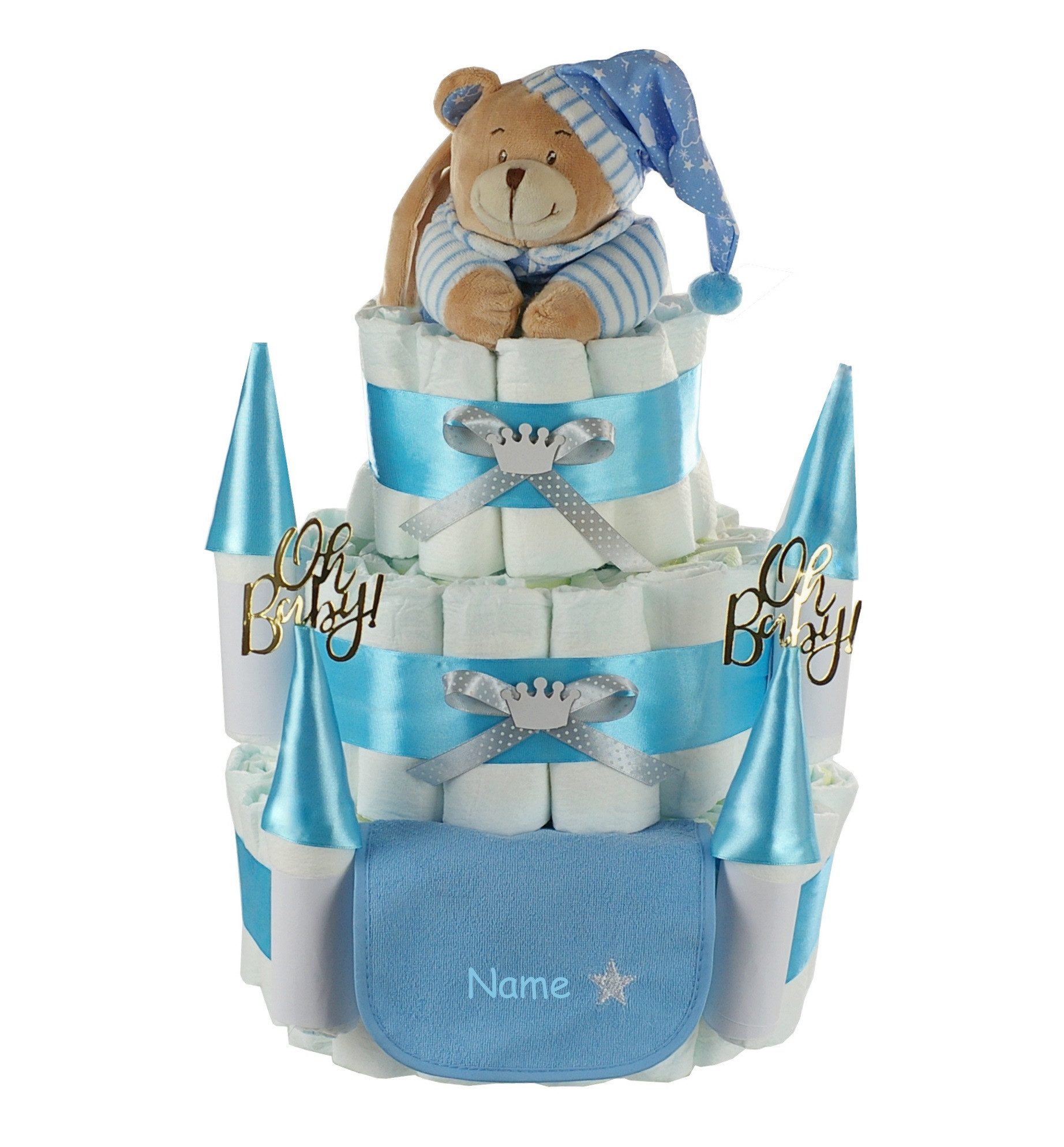 dubistda-WINDELTORTEN- Neugeborenen-Geschenkset Große Windeltorte Windelschloss, Musikspieluhr Bär blau (3-stöckig, Geschenk zur Geburt) personalisierbar