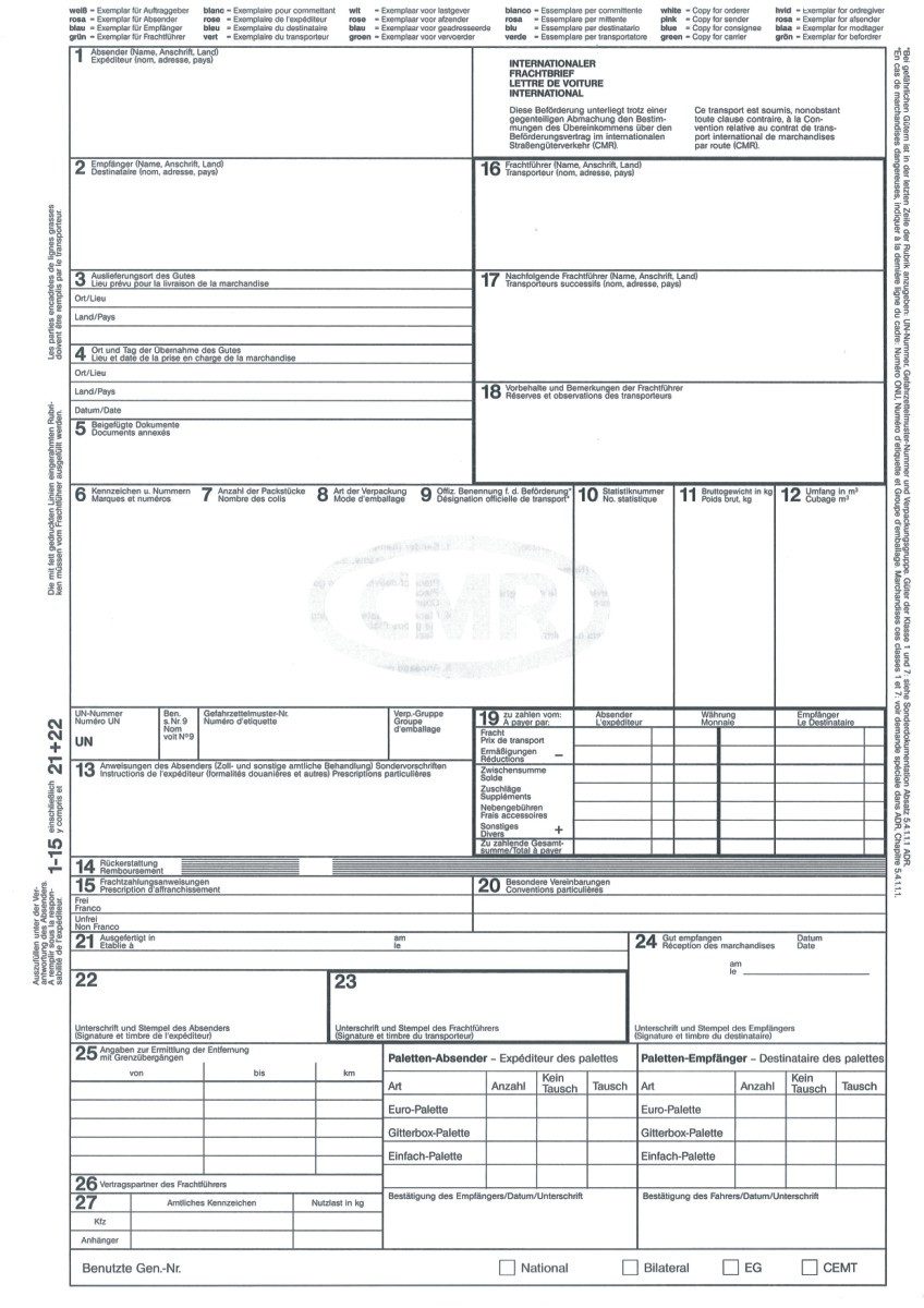 RNK Verlag Formularblock Internationaler Frachtbrief (CMR) - SD 1 x 4 Blatt DIN A4.