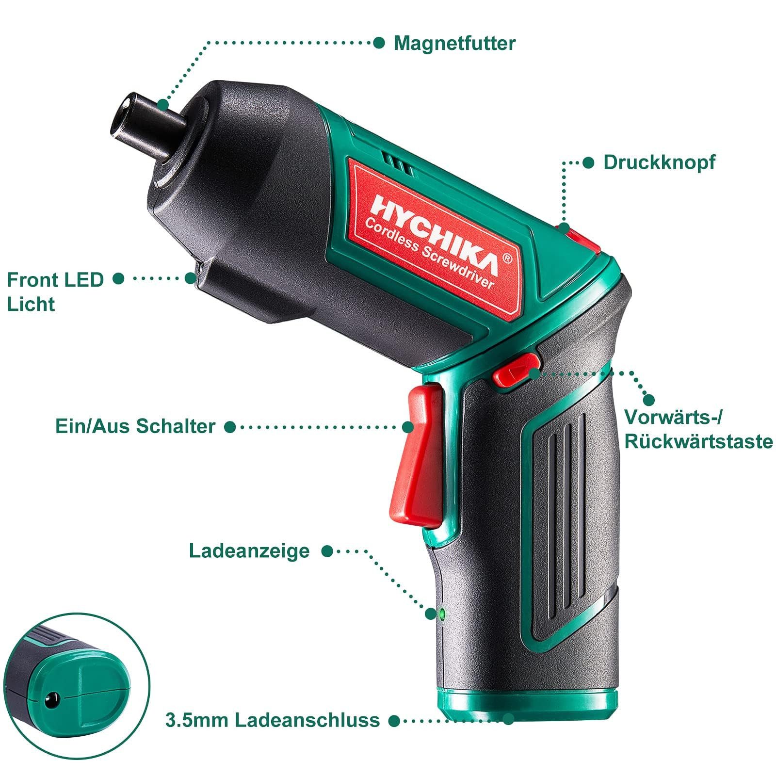 HYCHIKA Elektro-Schraubendreher Hychika Akku-Schraubendreher, 6 Nm Drehmoment, 2000 mAh Akku