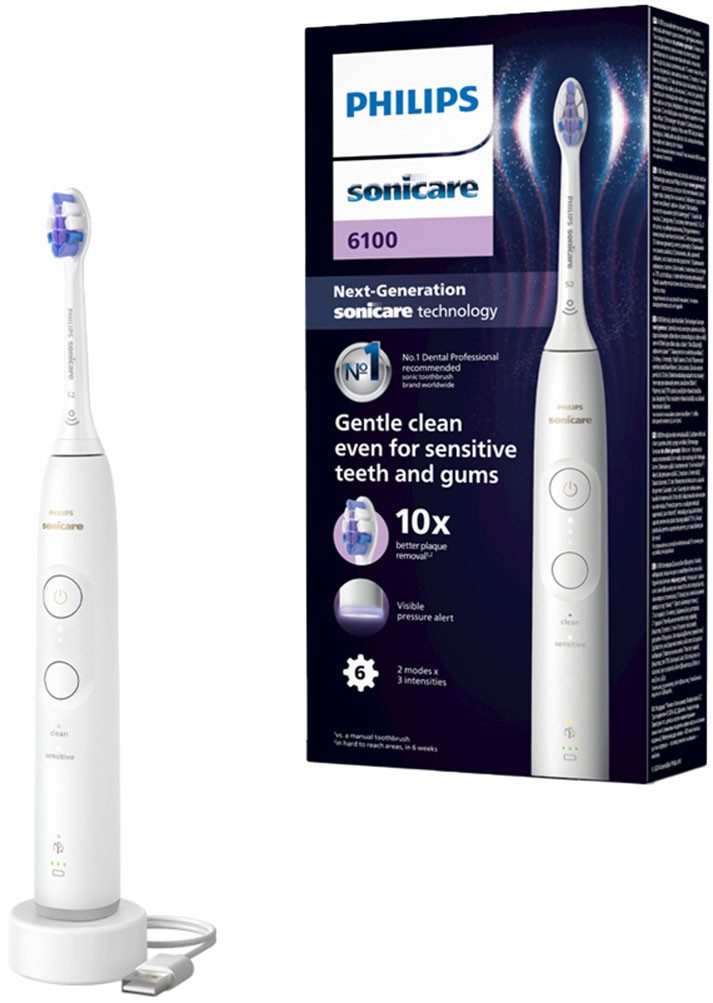 Philips Sonicare Elektrische Zahnbürste Series 6100 HX7400/01, Aufsteckbürsten: 1 St., mit visueller Andruckkontrolle, 5 Putzeinstellungen, inkl. Ladegerät