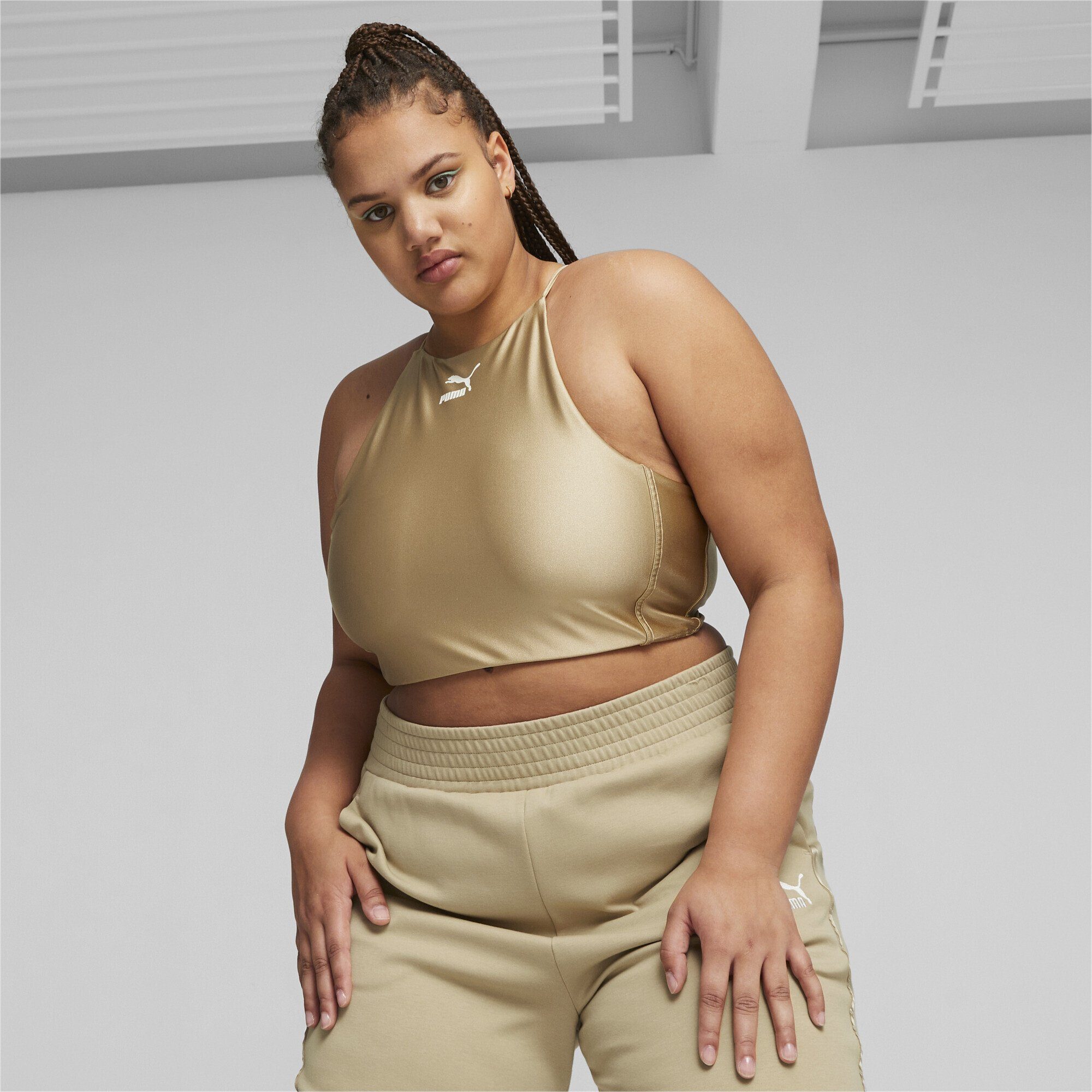 T7 Dune PUMA Damen Crop Shiny Beige Sand T-Shirt Top