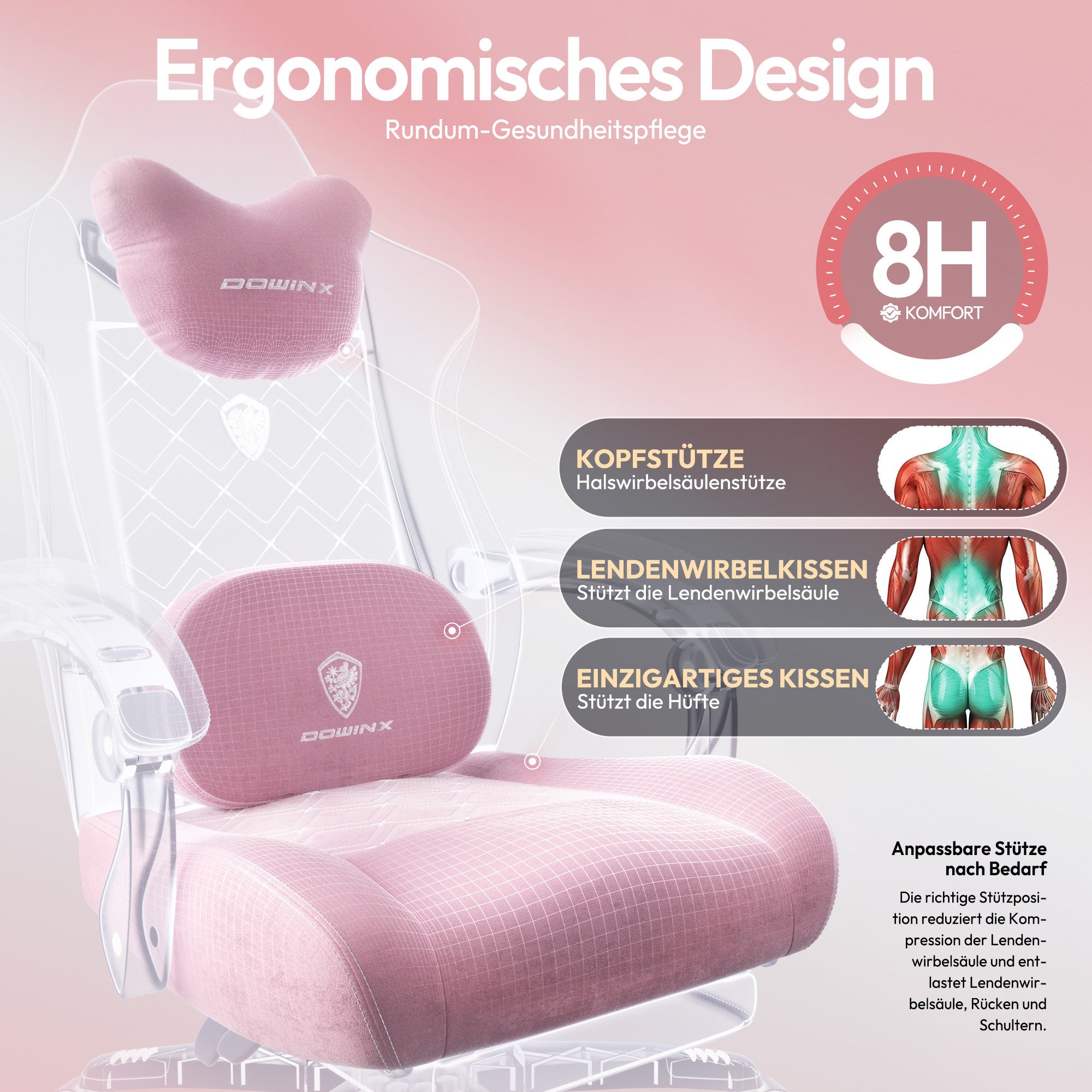 Dowinx Gaming-Stuhl Bürostuhl mit Beheizter Massage Lendenwirbelstütze (Packung), Gamer Stuhl Stoff mit Tasche Frühling Kissen und Fußstütze – Bild 3 von 5