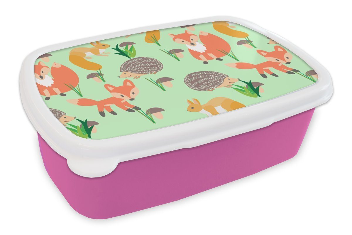 MuchoWow Lunchbox Tiere - Muster - Igel, Kunststoff, (2-tlg), Brotbox für Erwachsene, Brotdose Kinder, Snackbox, Mädchen, Kunststoff rosa