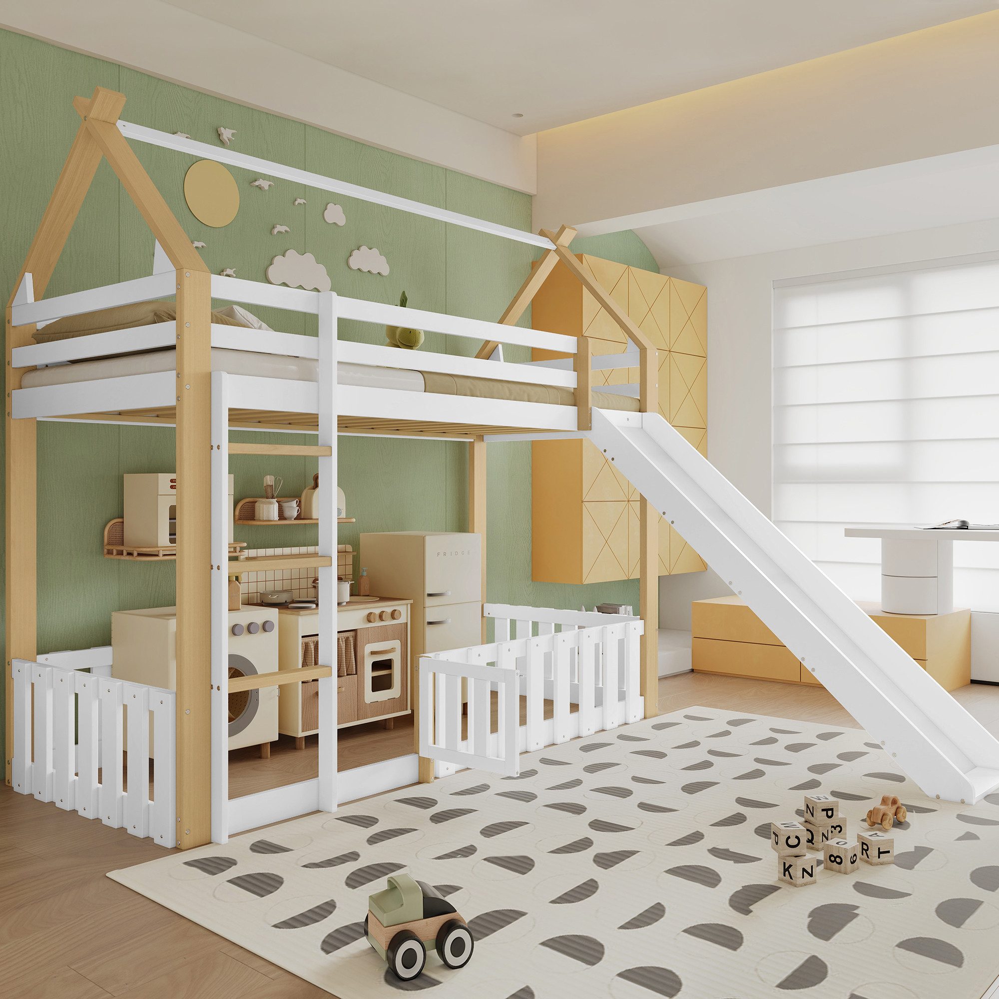 Merax Hochbett (Weiß+Natur, 1-St., Etagenbett Stockbett Jugendbett) Kieferh günstig online kaufen