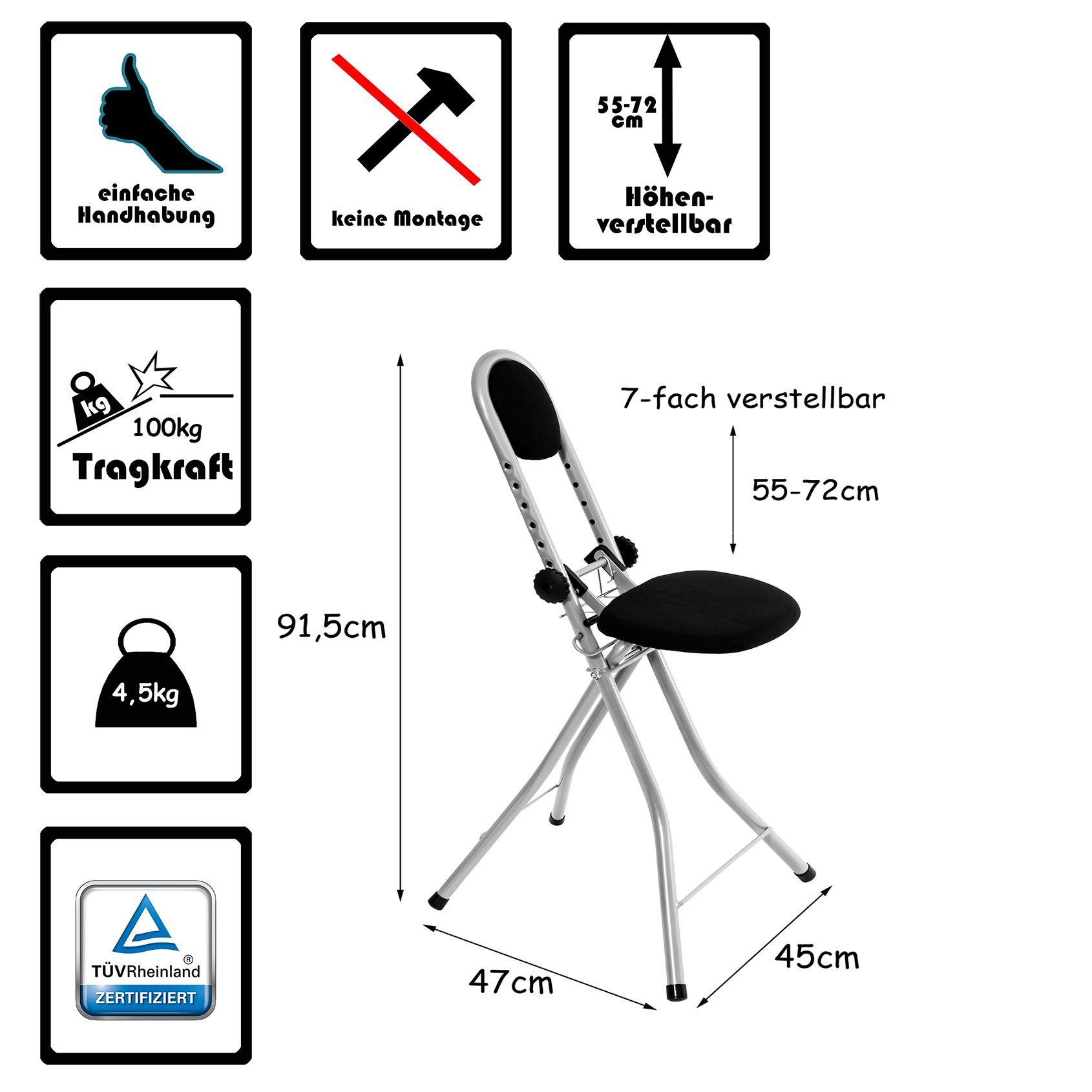 BigDean Stehhilfe Bügelstuhl rückenschonend Multisitz 7-fach  höhenverstellbar 55-72cm