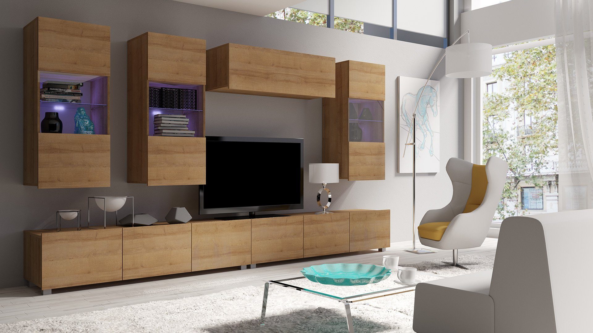 Stylefy Wohnwand Bietula, (Set (6-St), Wohnzimmer-Set), 6-teilig, wahlweise mit LED-Beleuchtung, Modern Design, variabel hängbar Wotan Eiche