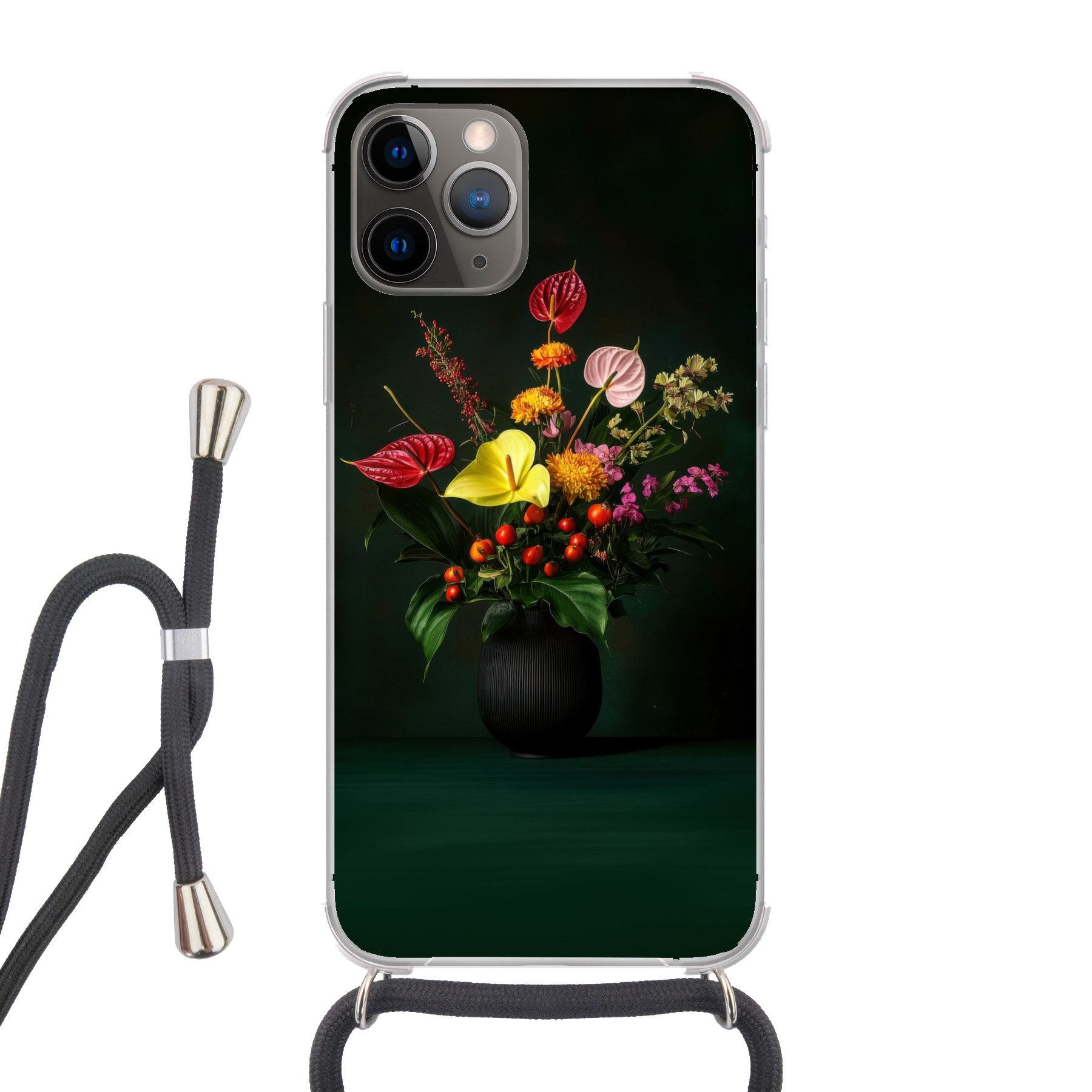 MuchoWow Handyhülle für Apple iPhone 13 Pro Max Blumen - Vase - Schwarz, Tragbare Handyhüllen mit Kette zum umhängen, Handykette Handyband