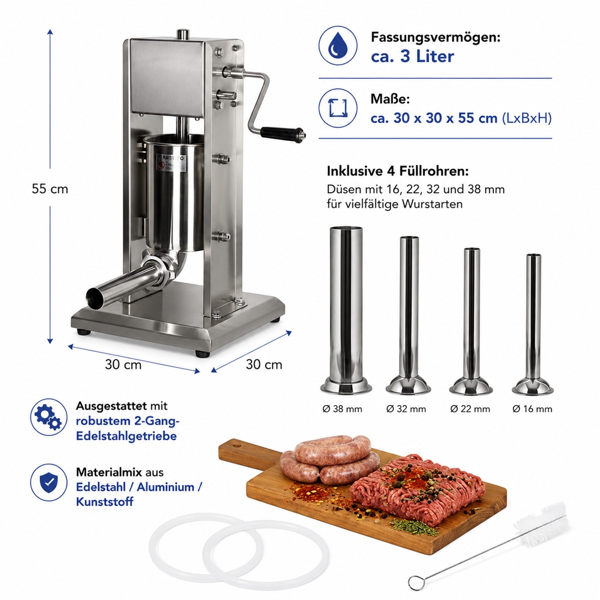 Mucola Wurstfüllaufsatz Wurstfüllmaschine Edelstahl Wurstfüller inkl. 4 Füllrohre Wurstspritze, Zubehör für Universal, 2-Gang-Getriebe