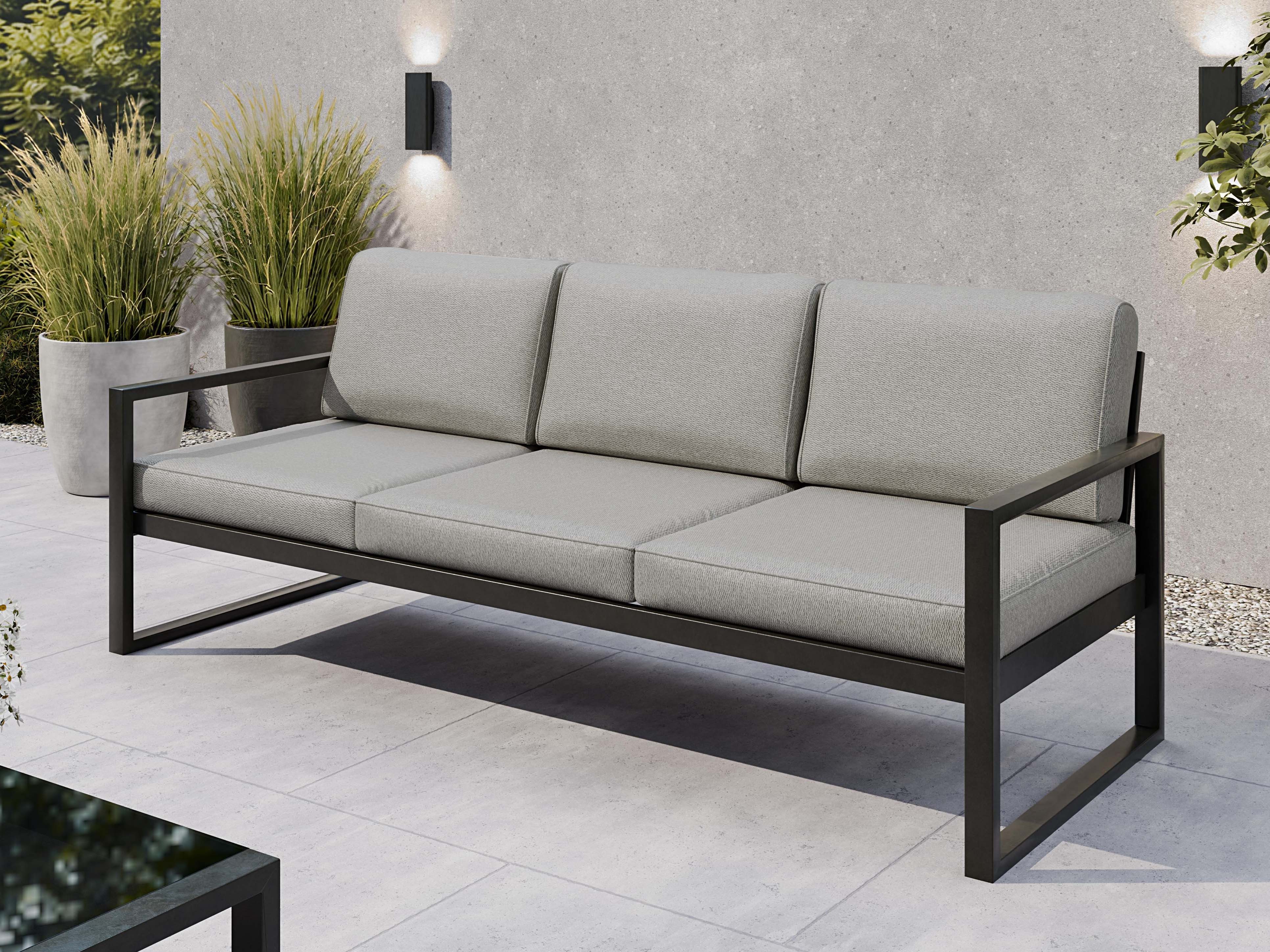 Beautysofa Gartensofa 3-Sitzer STELLA – wasserabweisender Stoff, pulverbeschichtetes Metallgestell, in 3 trendigen Farben: Beige, Hellgrau und Dunkelgrau